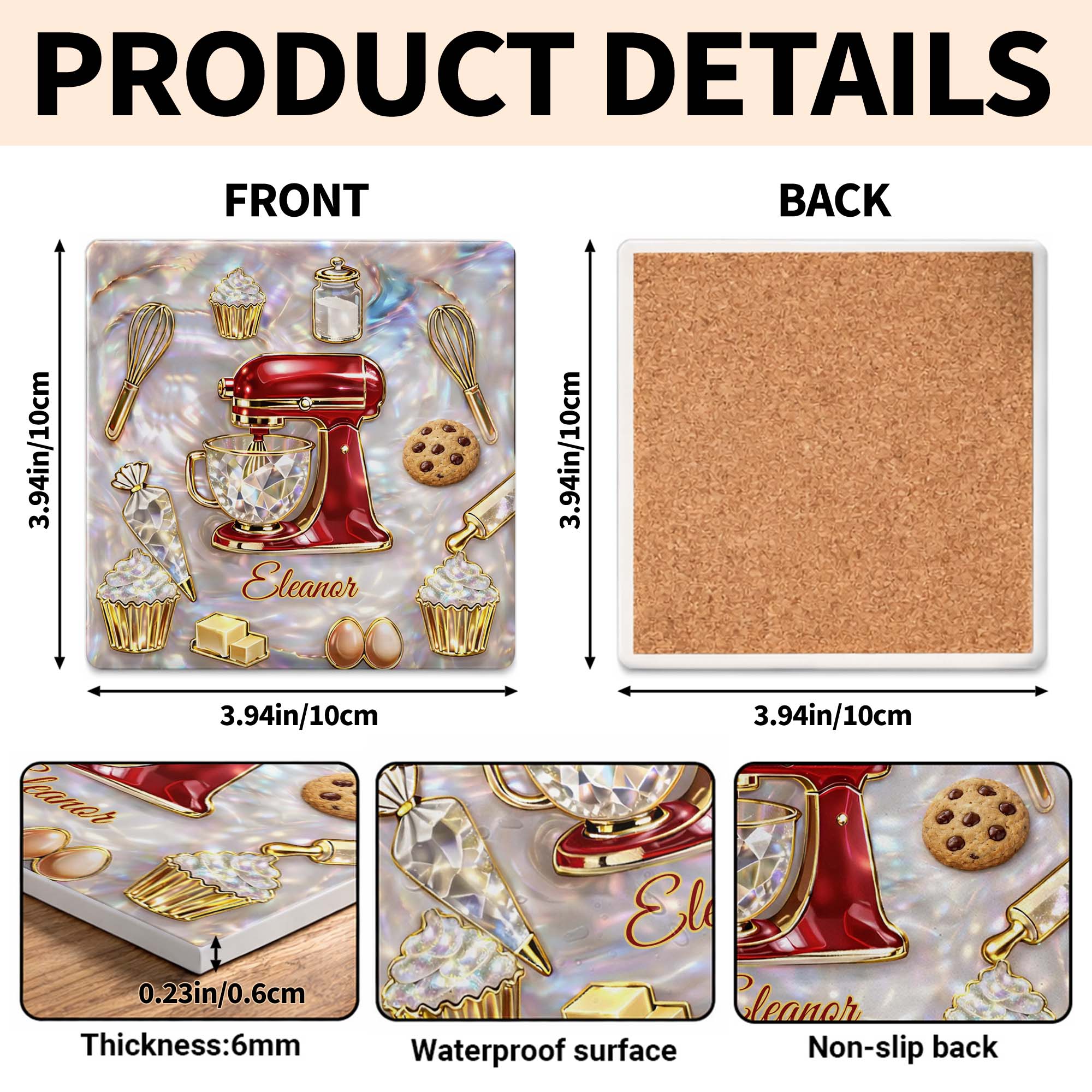Baking Is A Work Of Heart Stand Mixer And Cupcakes Design - Personalized Custom Ceramic Coaster, Square Shape - HOB048_SOCO - Image 6
