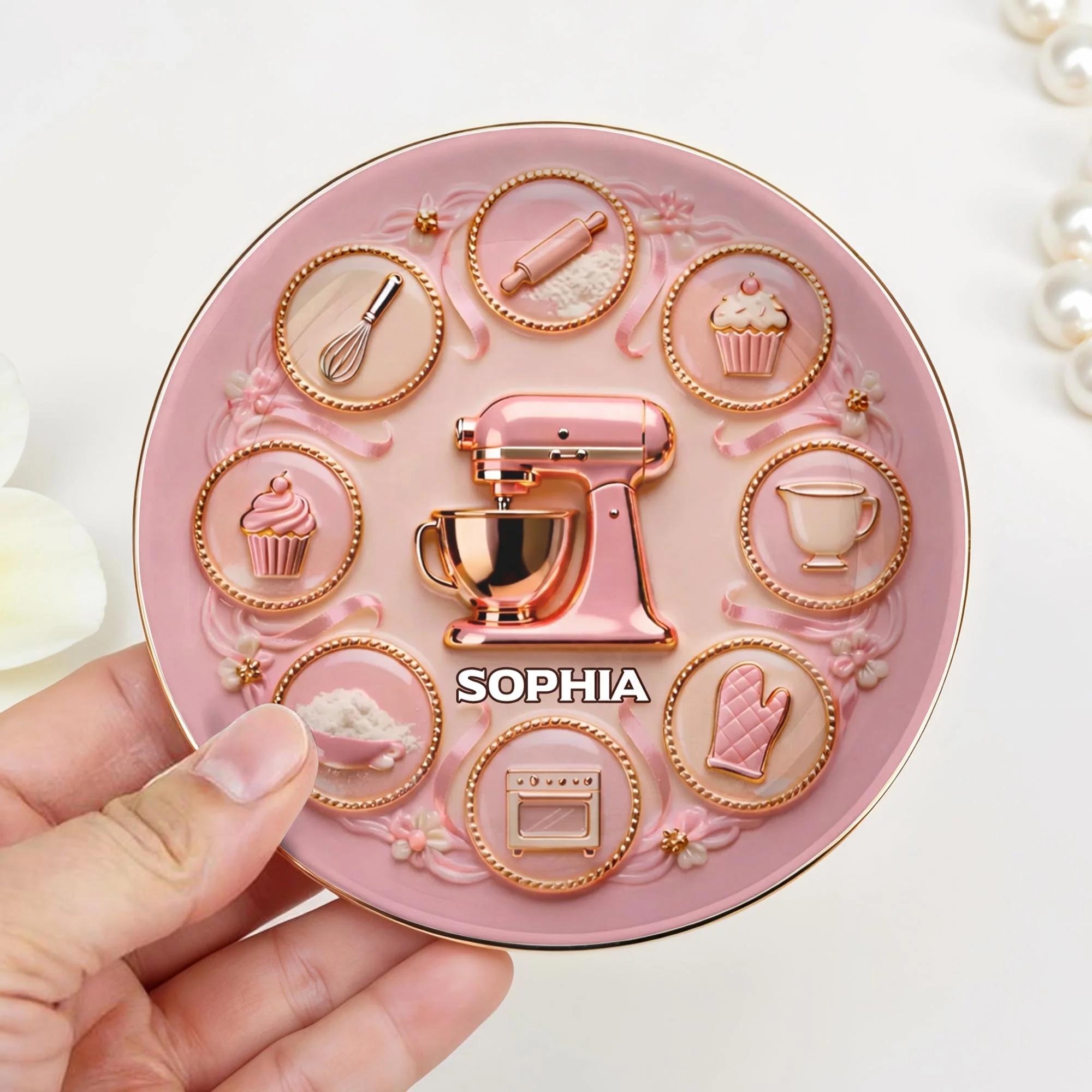Baking With Love And Sweet Memories Stand Mixer And Whisk - Personalized Custom Jewelry Dish, Ceramic Dish, Round Shape - COOK021_RCRF - Image 3