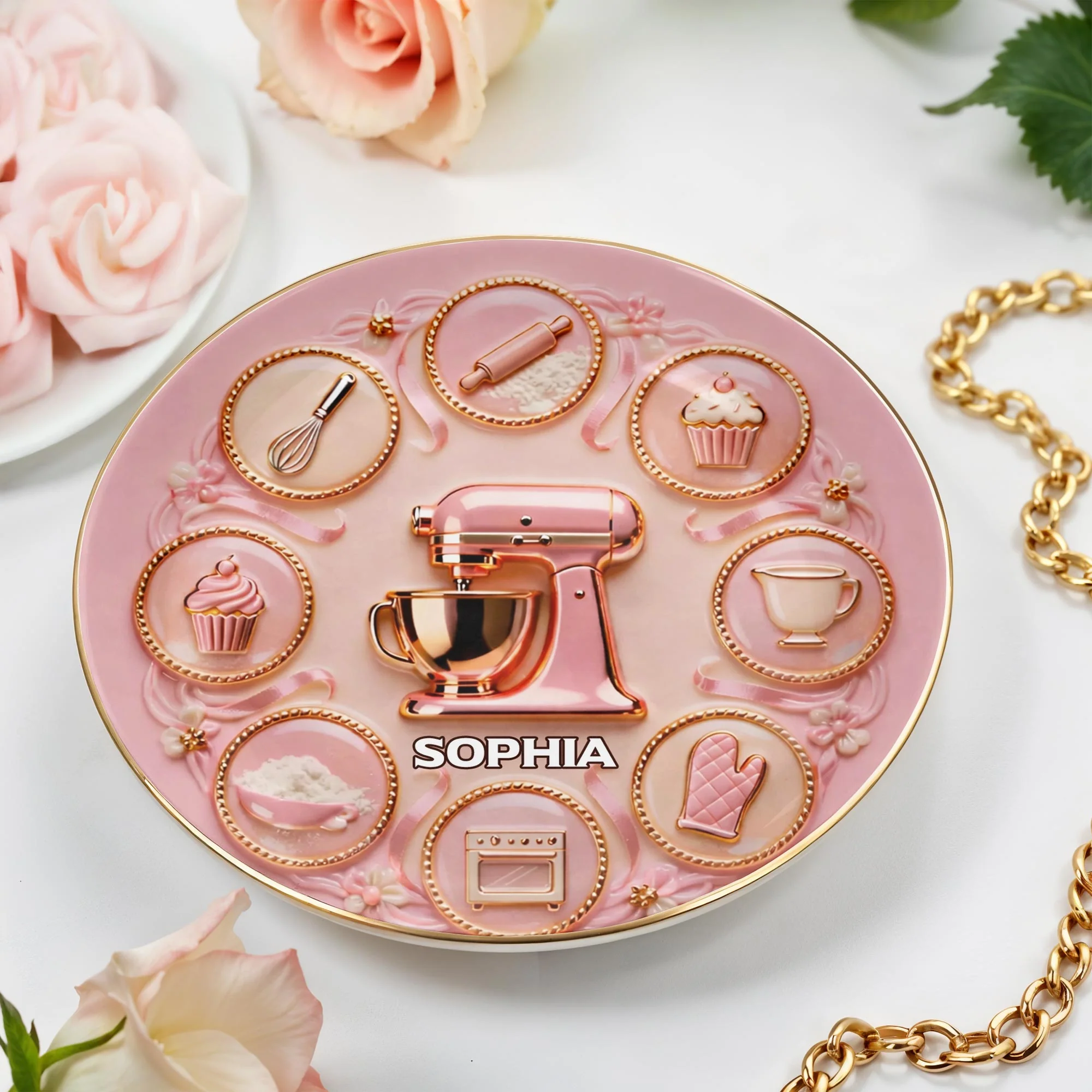 Baking With Love And Sweet Memories Stand Mixer And Whisk - Personalized Custom Jewelry Dish, Ceramic Dish, Round Shape - COOK021_RCRF - Image 4