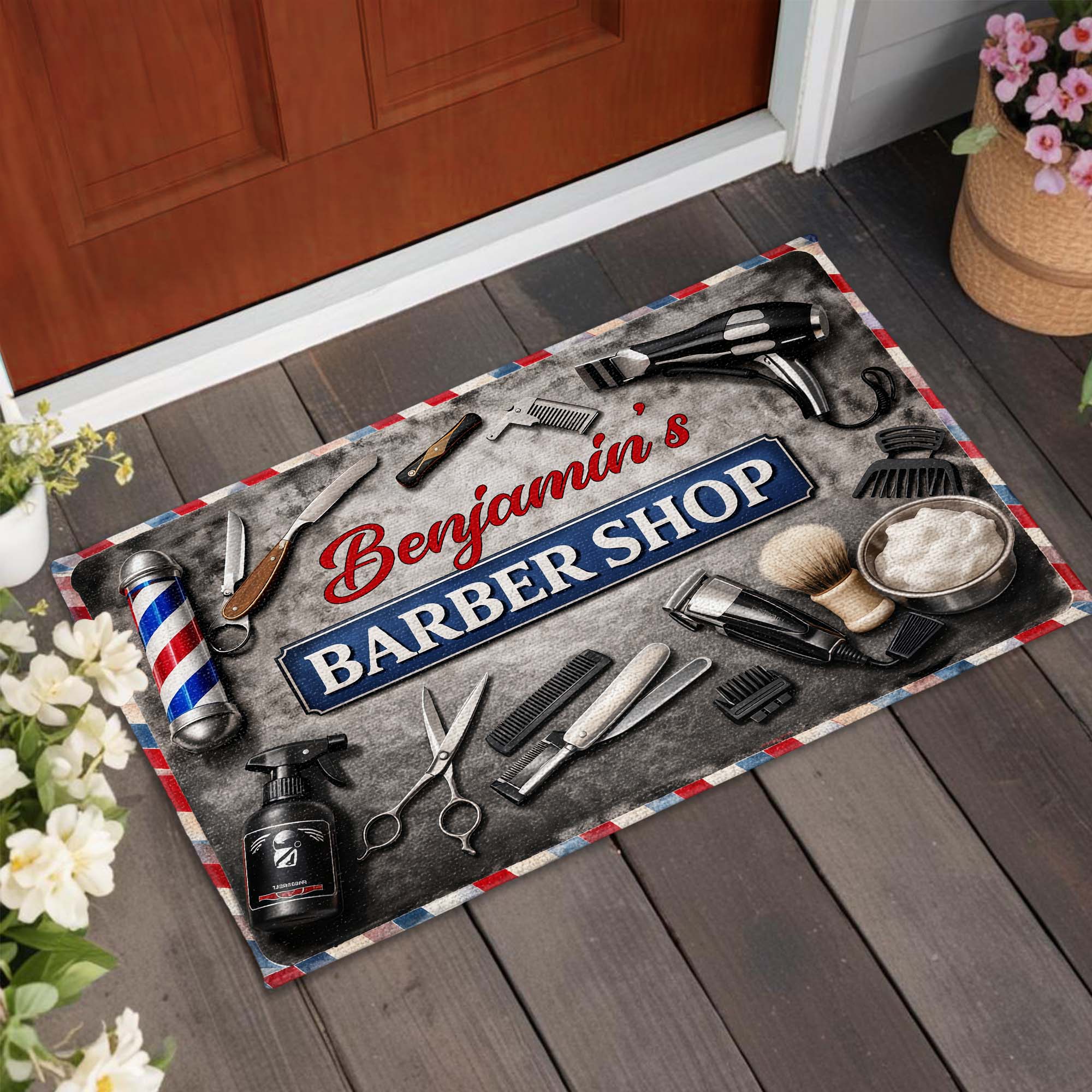 Barber Shop With Professional Tools And Barber Pole Design - Personalized Custom Doormat - JBS165_DRM - Image 2