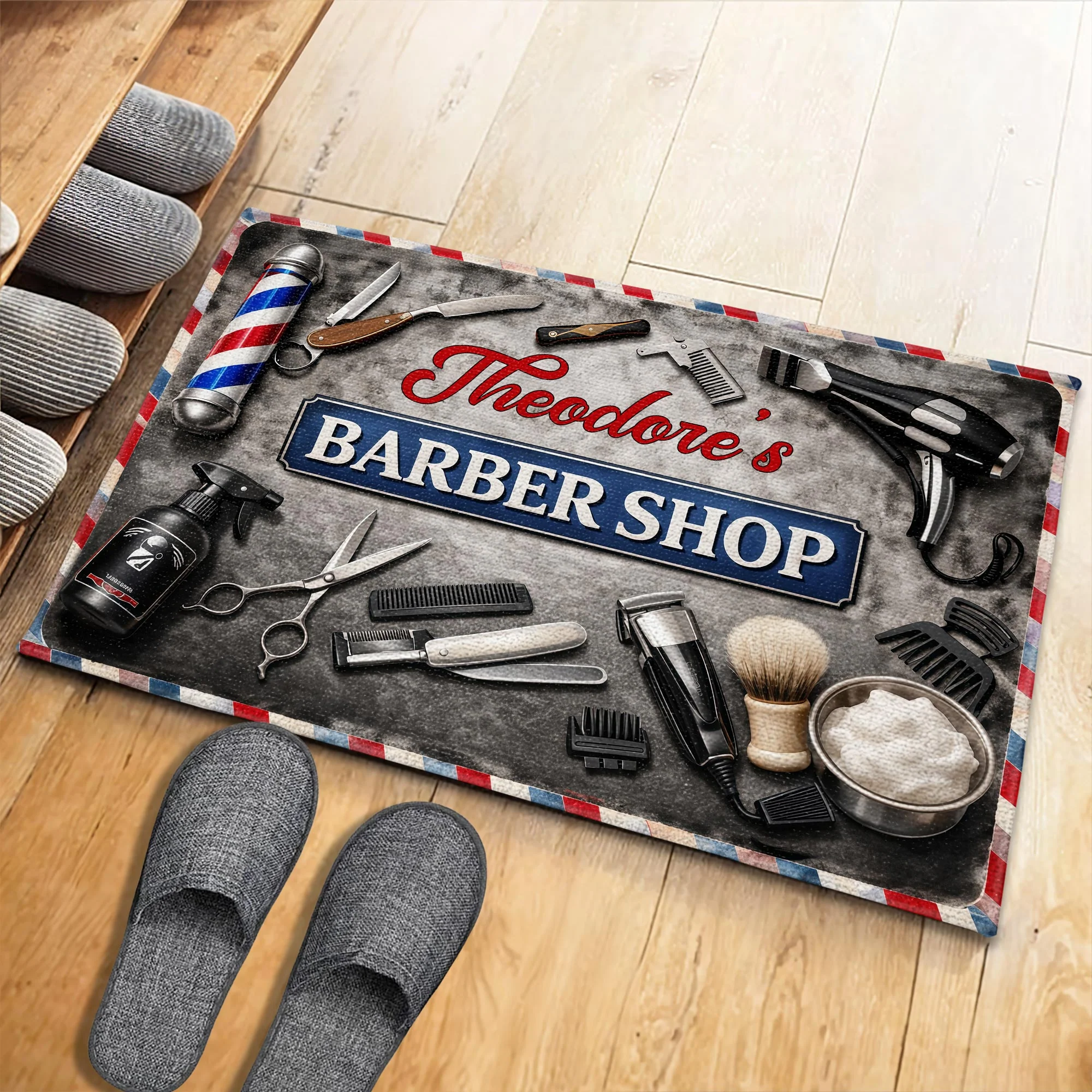 Barber Shop With Professional Tools And Barber Pole Design - Personalized Custom Doormat - JBS165_DRM - Image 4