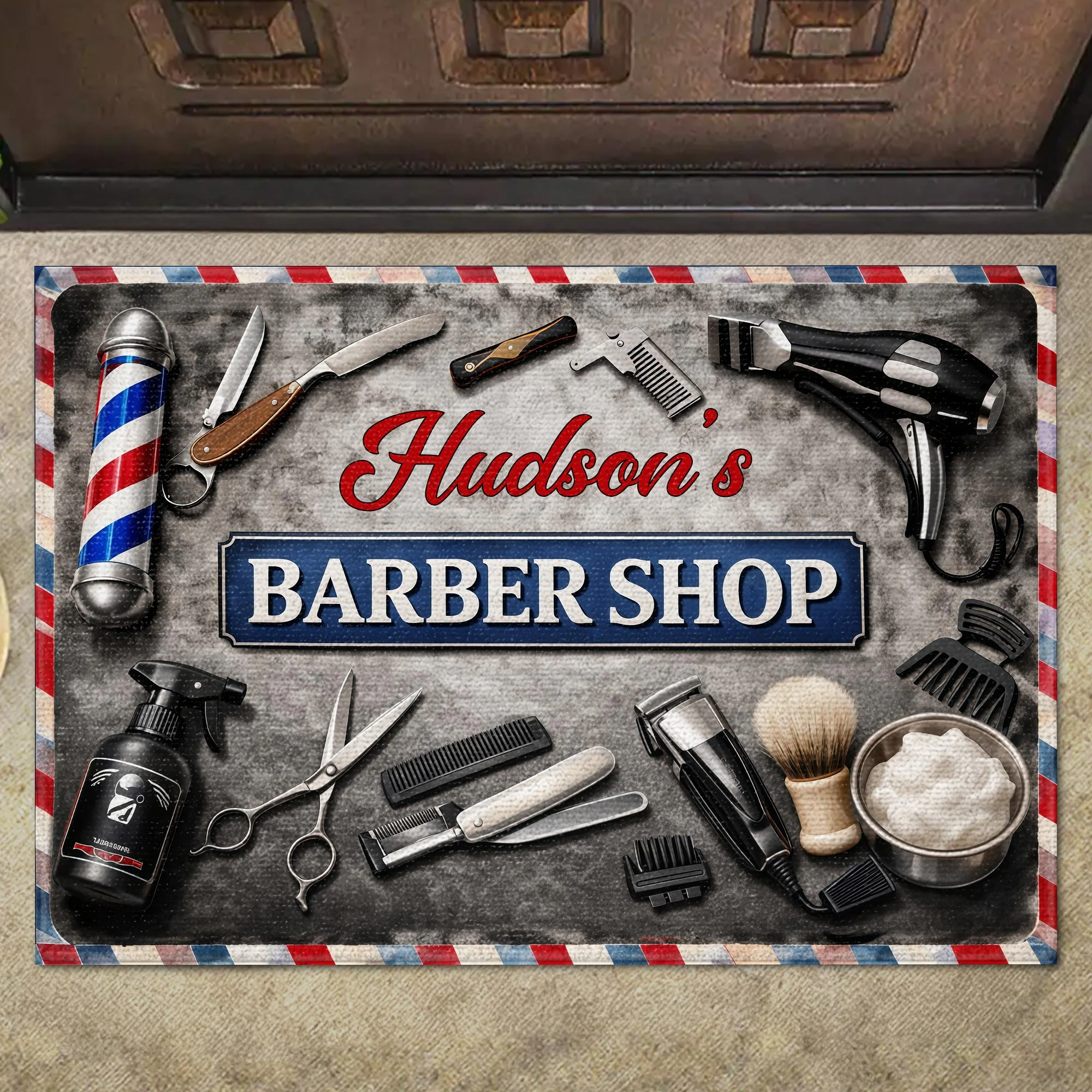 Barber Shop With Professional Tools And Barber Pole Design - Personalized Custom Doormat - JBS165_DRM - Image 5