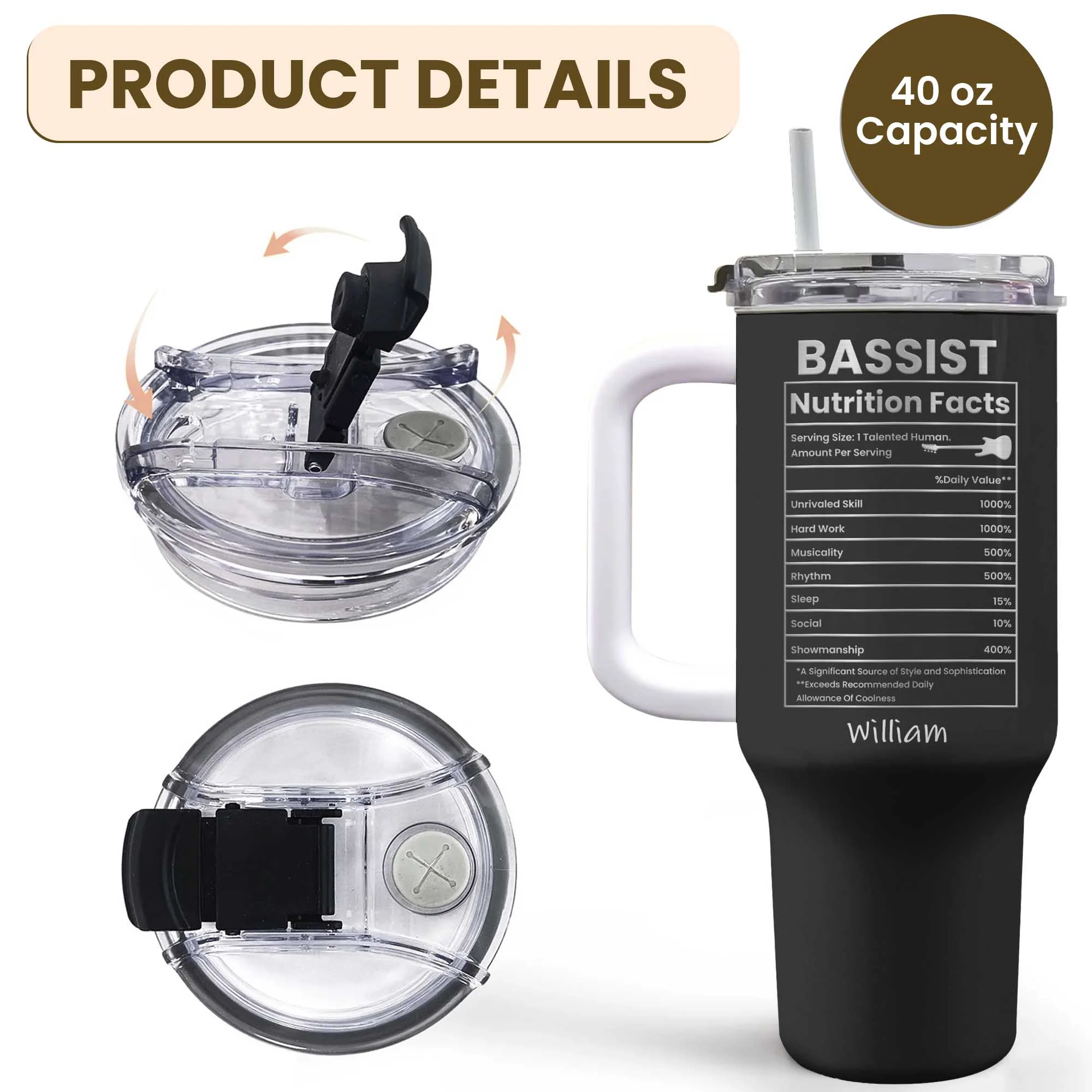 Bassist Nutrition Facts Talented Human Bass Guitar Design - Personalized 40oz Tumbler With Straw - MUSIC010_TBS - Image 12