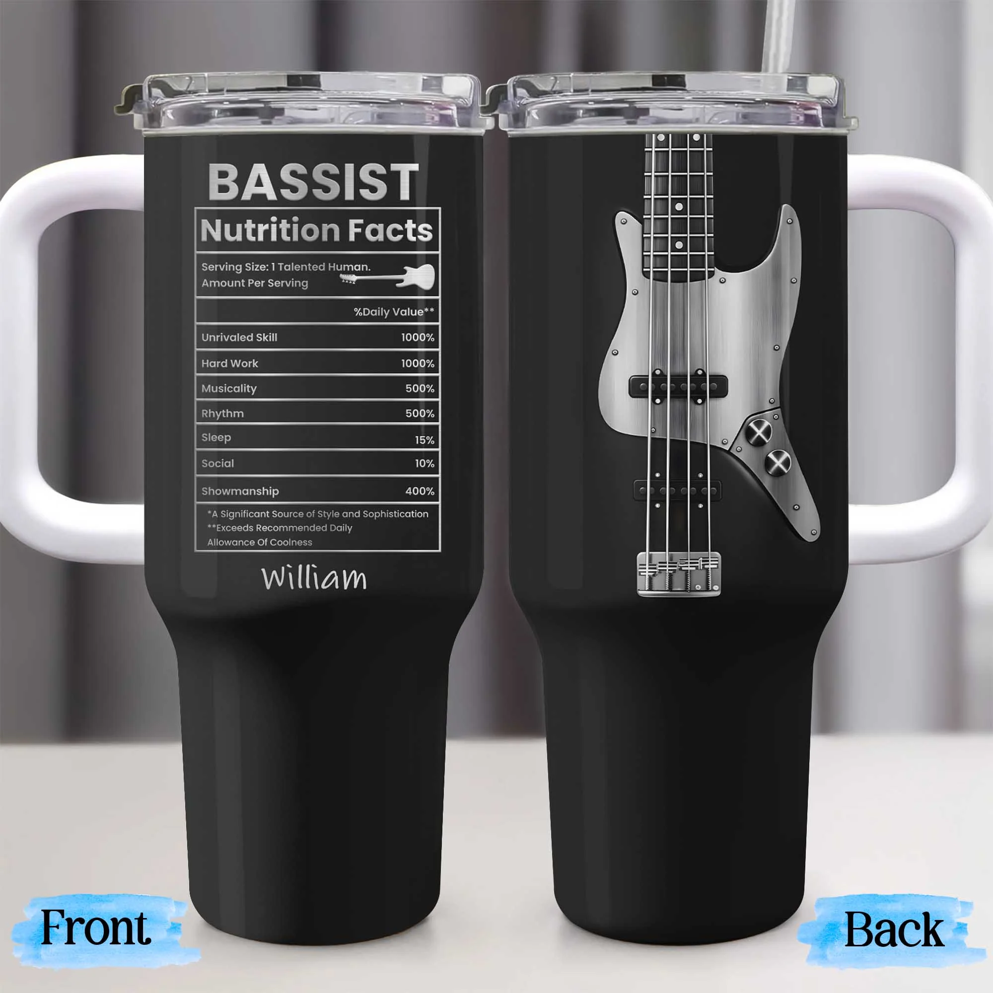 Bassist Nutrition Facts Talented Human Bass Guitar Design - Personalized 40oz Tumbler With Straw - MUSIC010_TBS - Image 4