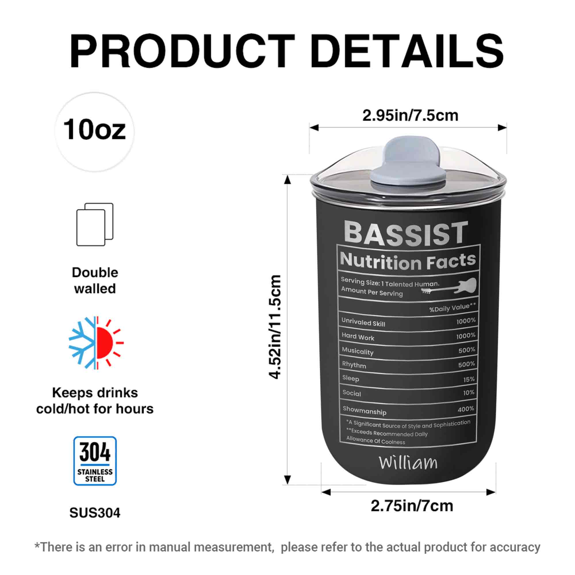Bassist Nutrition Facts Talented Human Bass Guitar - Personalized Custom 10oz Tumbler - MUSIC010_MTUM - Image 6