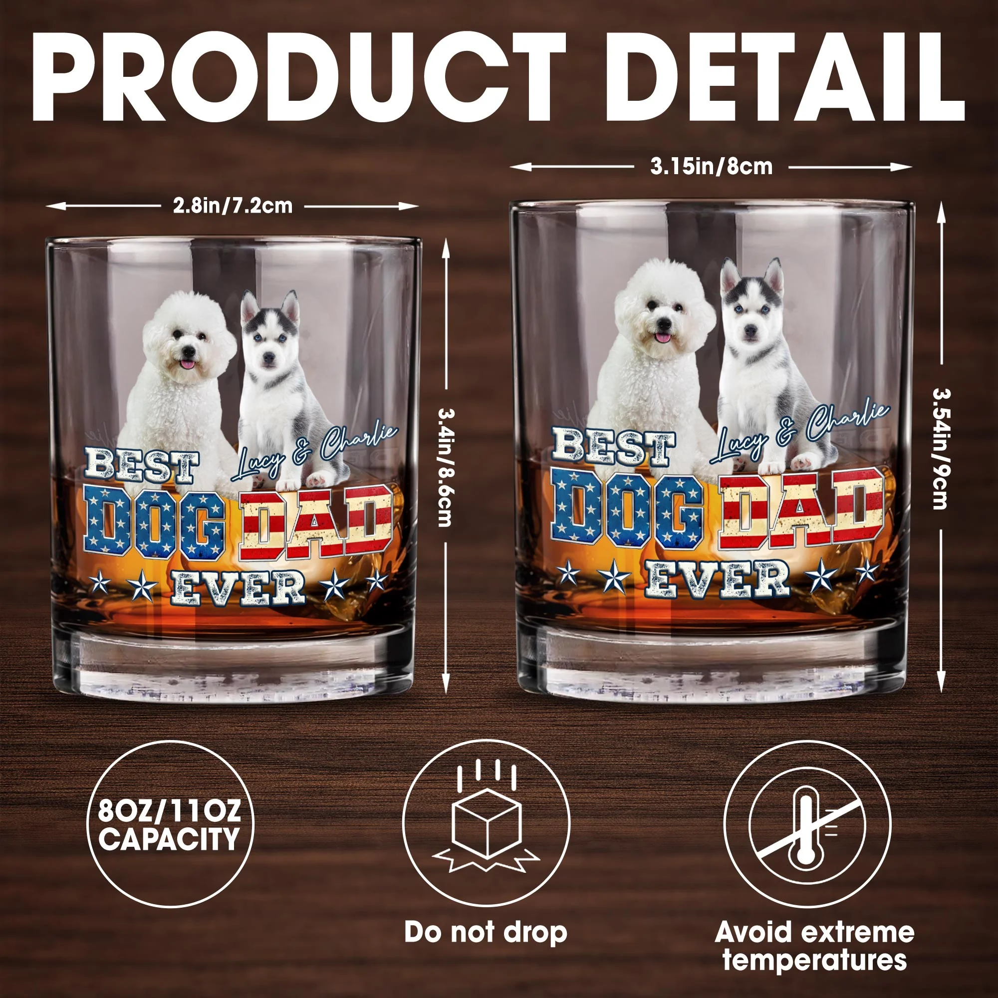 Best Dog Dad Ever With American Flag Dogs - Personalized Custom Whiskey Glass - DOG133_RWG - Image 5