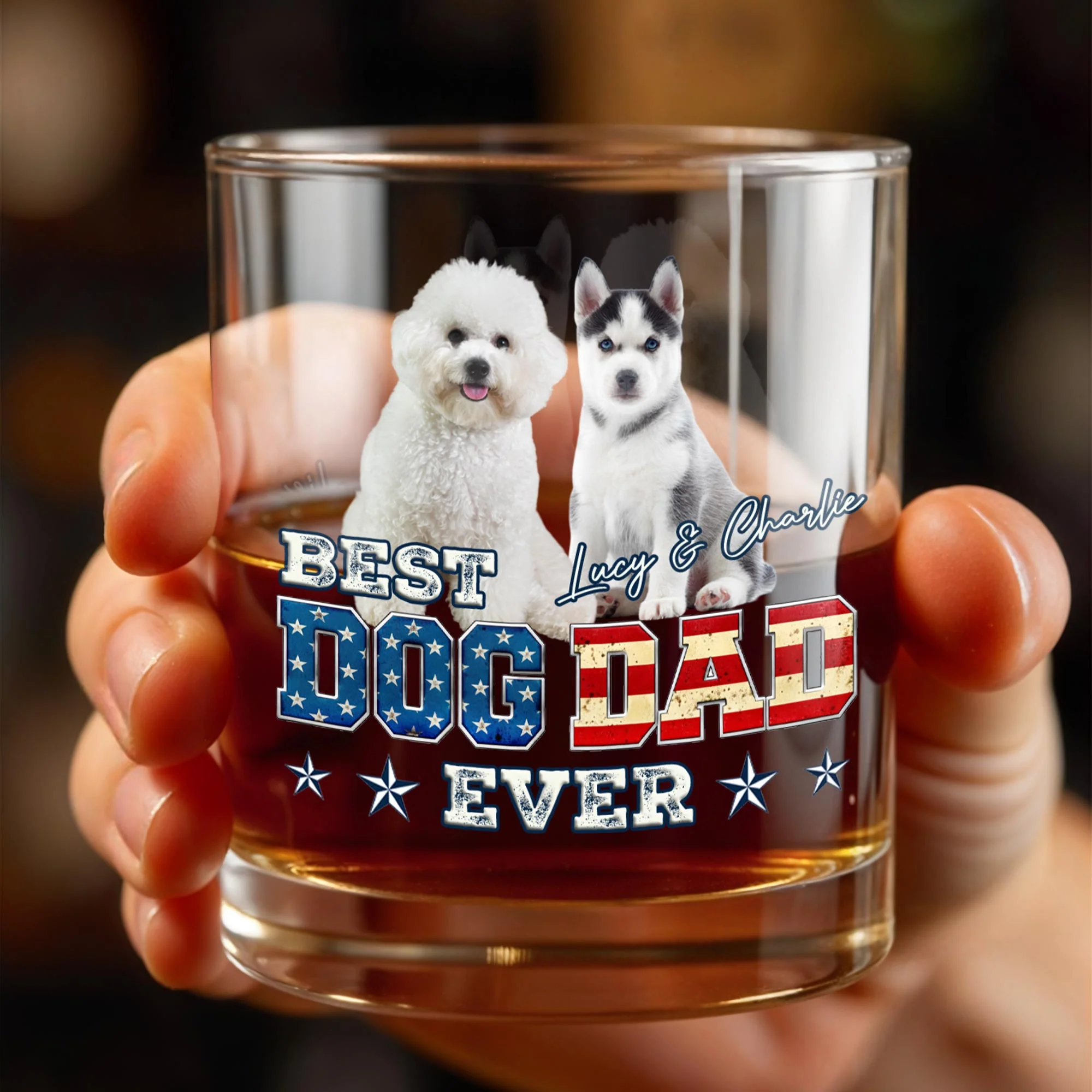 Best Dog Dad Ever With American Flag Dogs - Personalized Custom Whiskey Glass - DOG133_RWG - Image 6