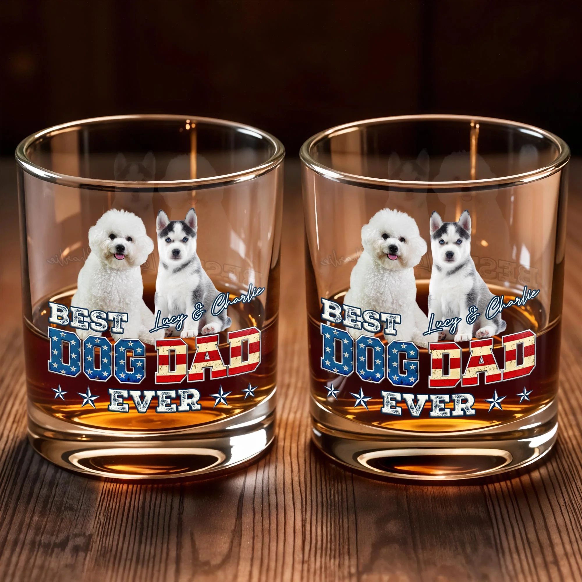 Best Dog Dad Ever With American Flag Dogs - Personalized Custom Whiskey Glass - DOG133_RWG - Image 7