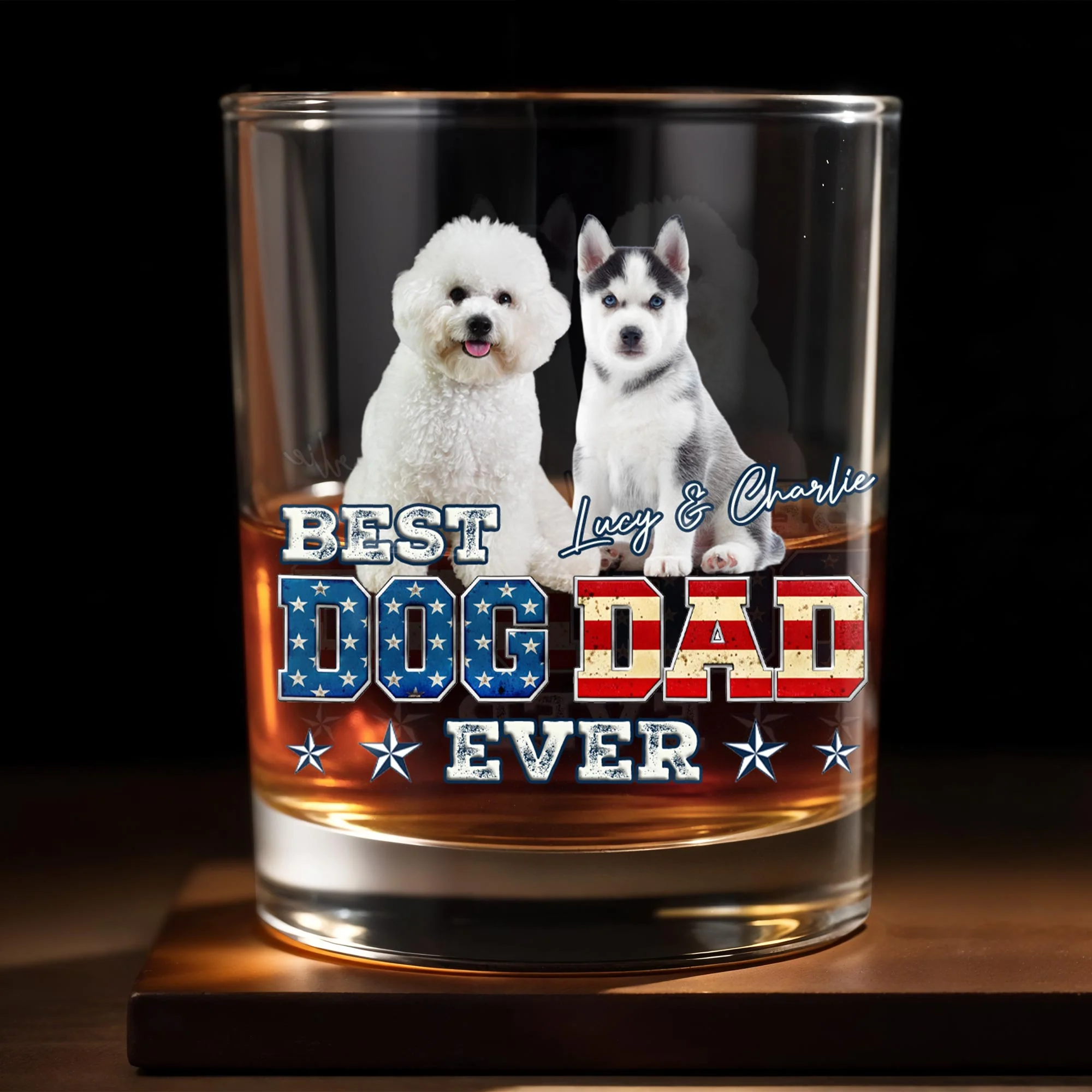 Best Dog Dad Ever With American Flag Dogs - Personalized Custom Whiskey Glass - DOG133_RWG - Image 8