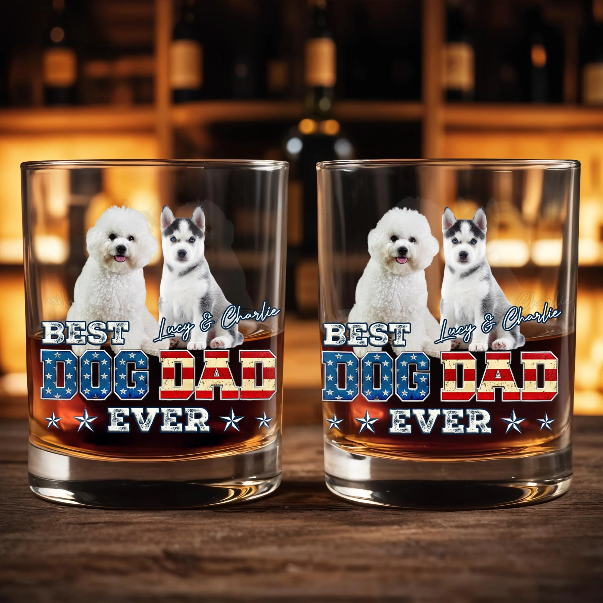 Best Dog Dad Ever With American Flag Dogs - Personalized Custom Whiskey Glass - DOG133_RWG - Image 9