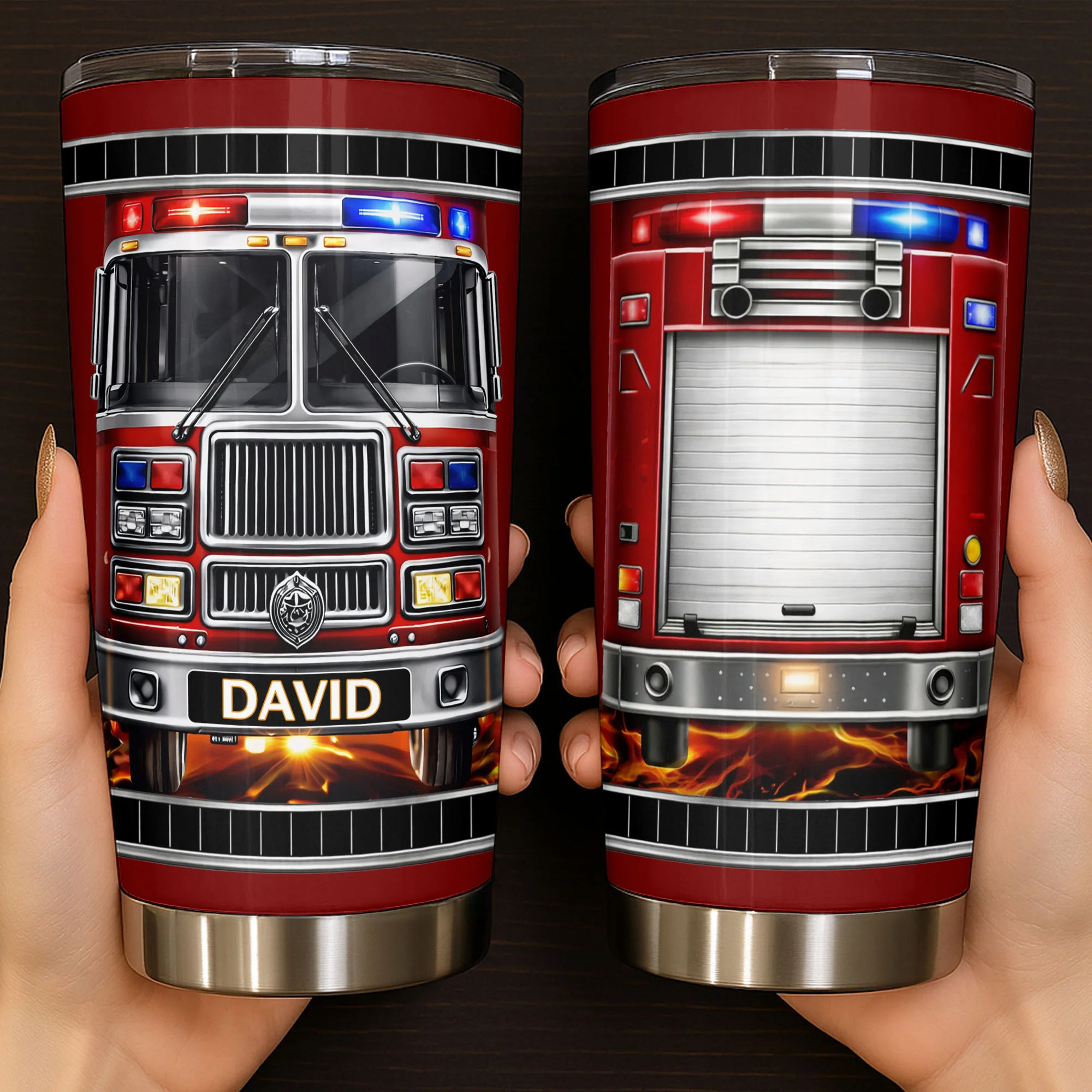 Brave Firefighter Spirit Personalized Red Fire Truck With Siren Lights And Flames - Personalized Custom Stainless Steel Tumbler 20oz 30oz - FIF068_TB