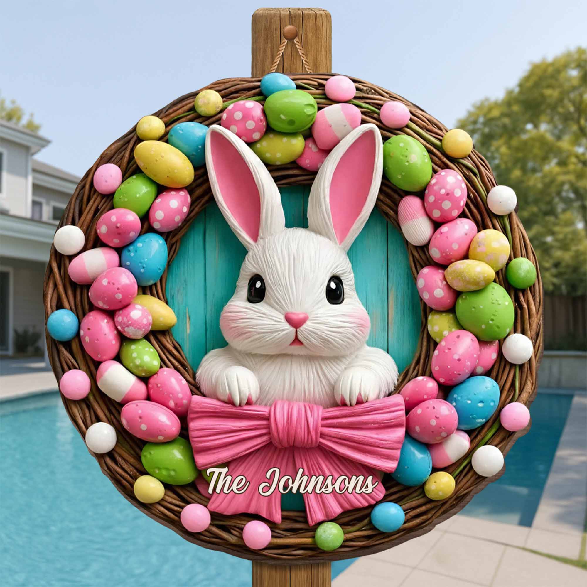 Celebrate The Joy Of Easter Bunny And Colorful Eggs Wreath - Personalized Custom Shaped Wood Sign - FTH044_WSIGN - Image 5