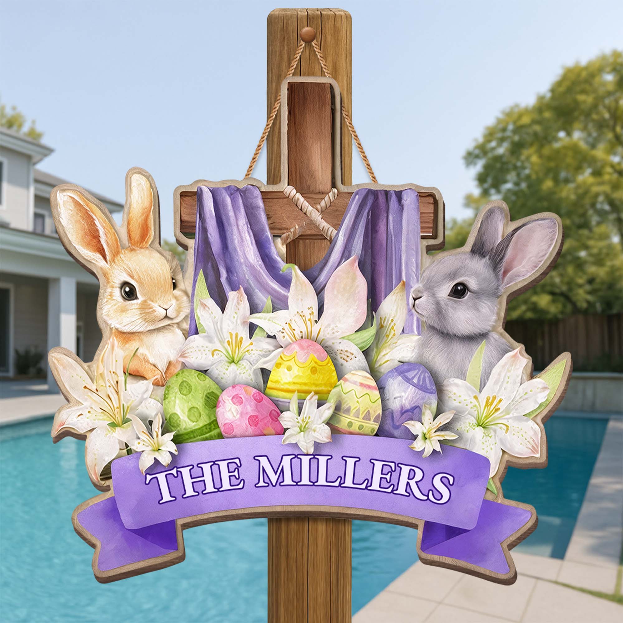 Celebrate The Joy Of Easter With Cross Rabbits And Lilies - Personalized Custom Shaped Wood Sign - FAM752_WSIGN - Image 2