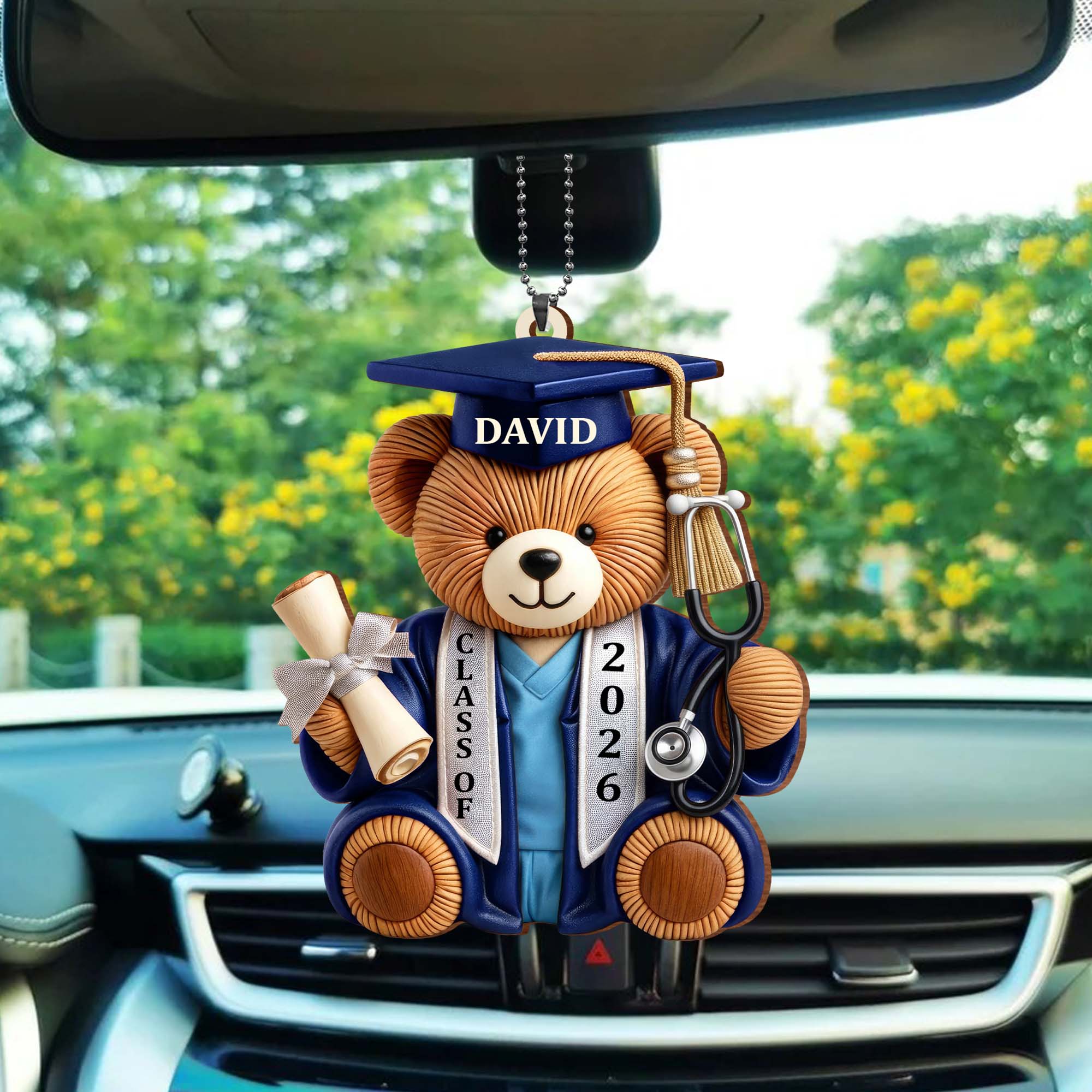 Class Of Graduation Bear With Stethoscope And Diploma Wood Ornament - Personalized Custom Wood Ornament, Car Hanging Ornament - GRAD371_WCA - Image 5