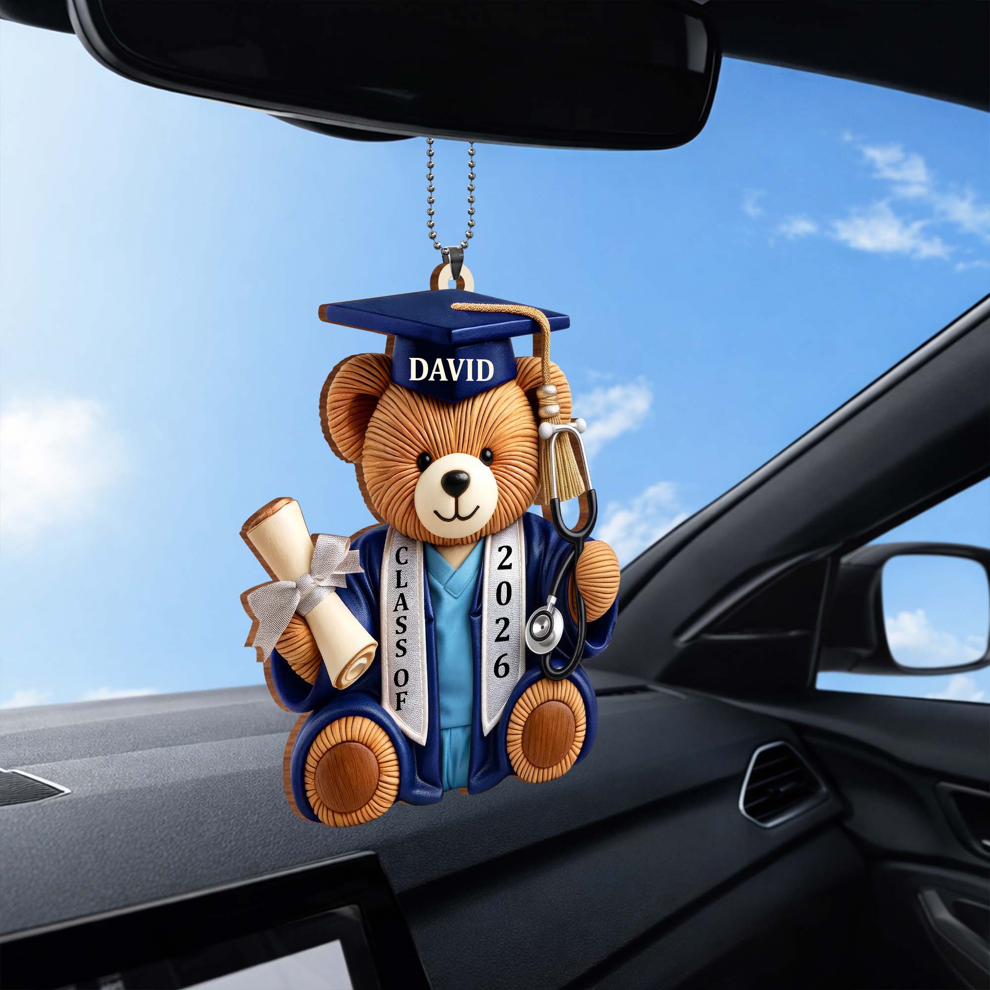 Class Of Graduation Bear With Stethoscope And Diploma Wood Ornament - Personalized Custom Wood Ornament, Car Hanging Ornament - GRAD371_WCA - Image 6