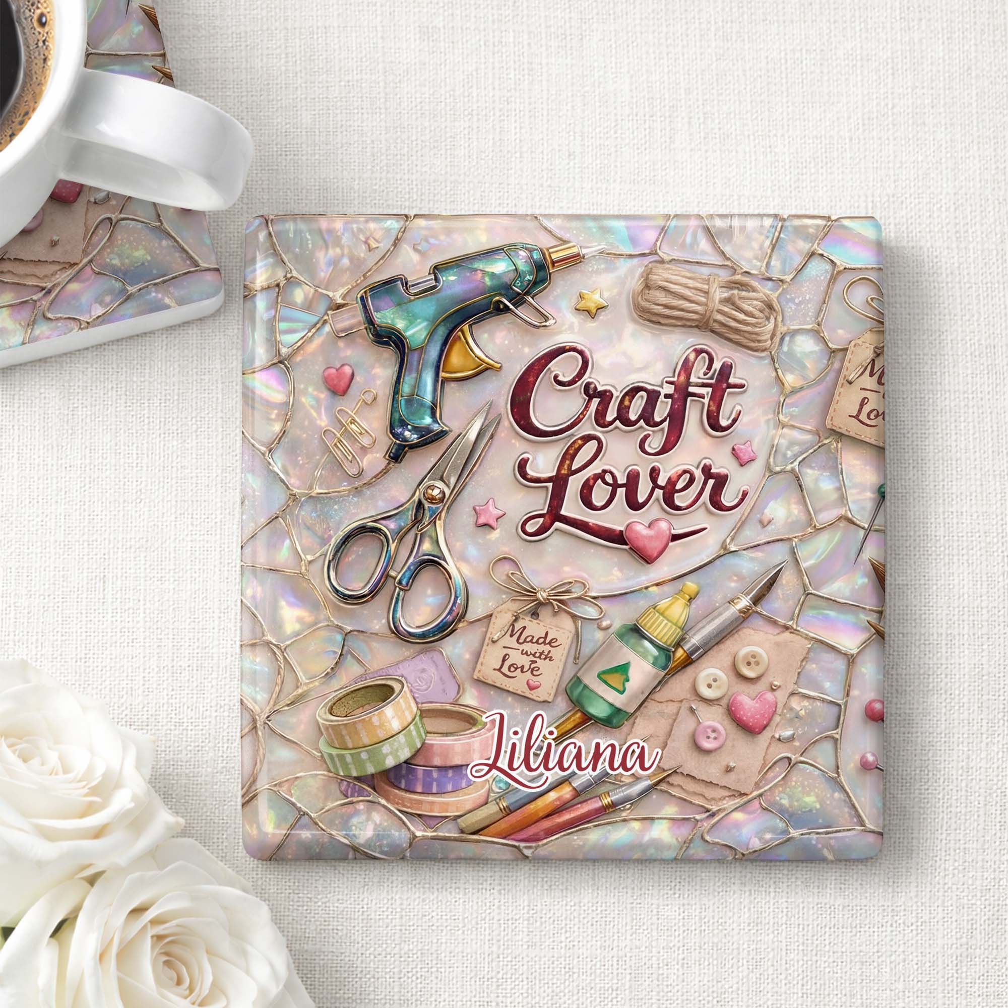 Craft Lover Made With Love Featuring Glue Gun And Scissors - Personalized Custom Ceramic Coaster, Square Shape - HAND038_SOCO