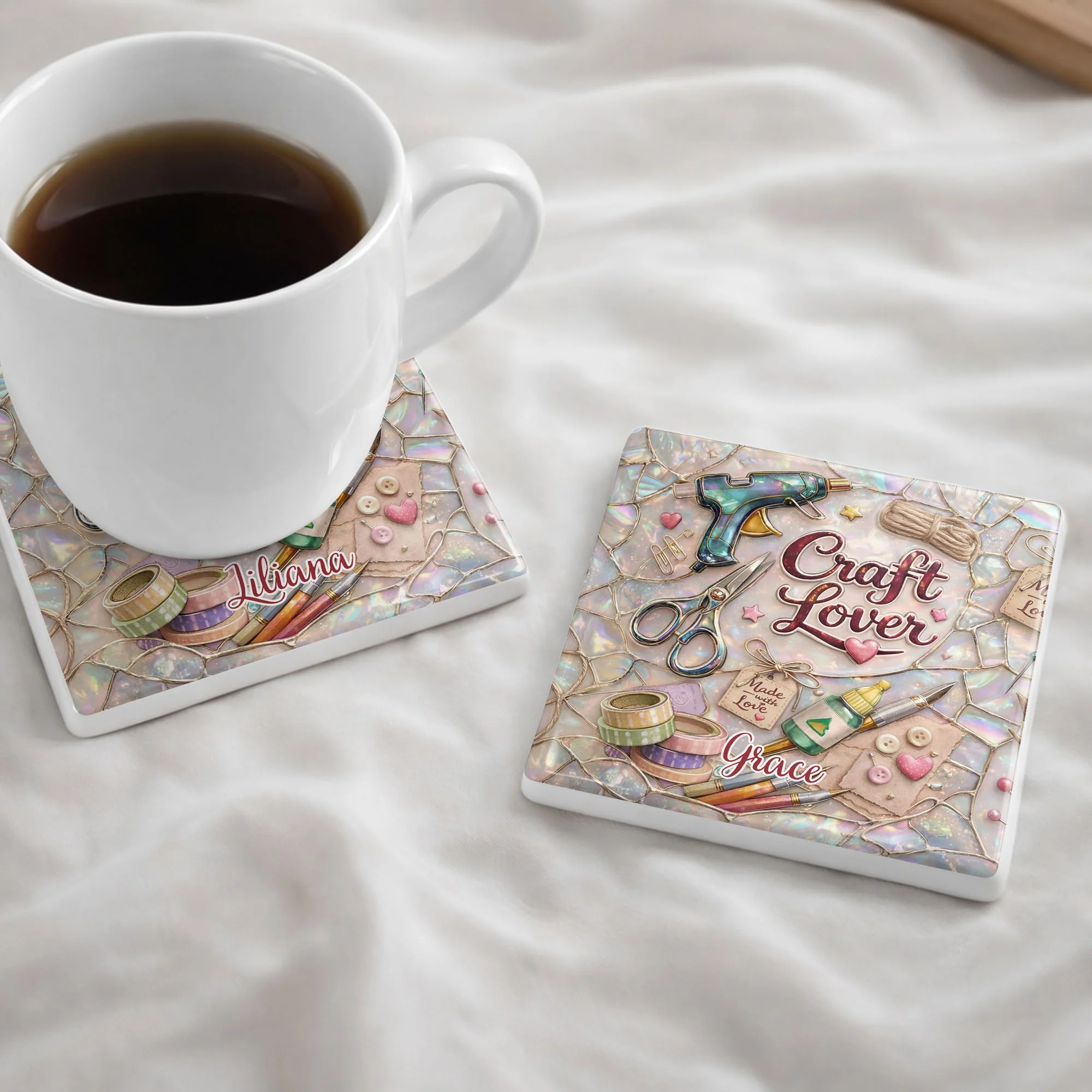 Craft Lover Made With Love Featuring Glue Gun And Scissors - Personalized Custom Ceramic Coaster, Square Shape - HAND038_SOCO - Image 10
