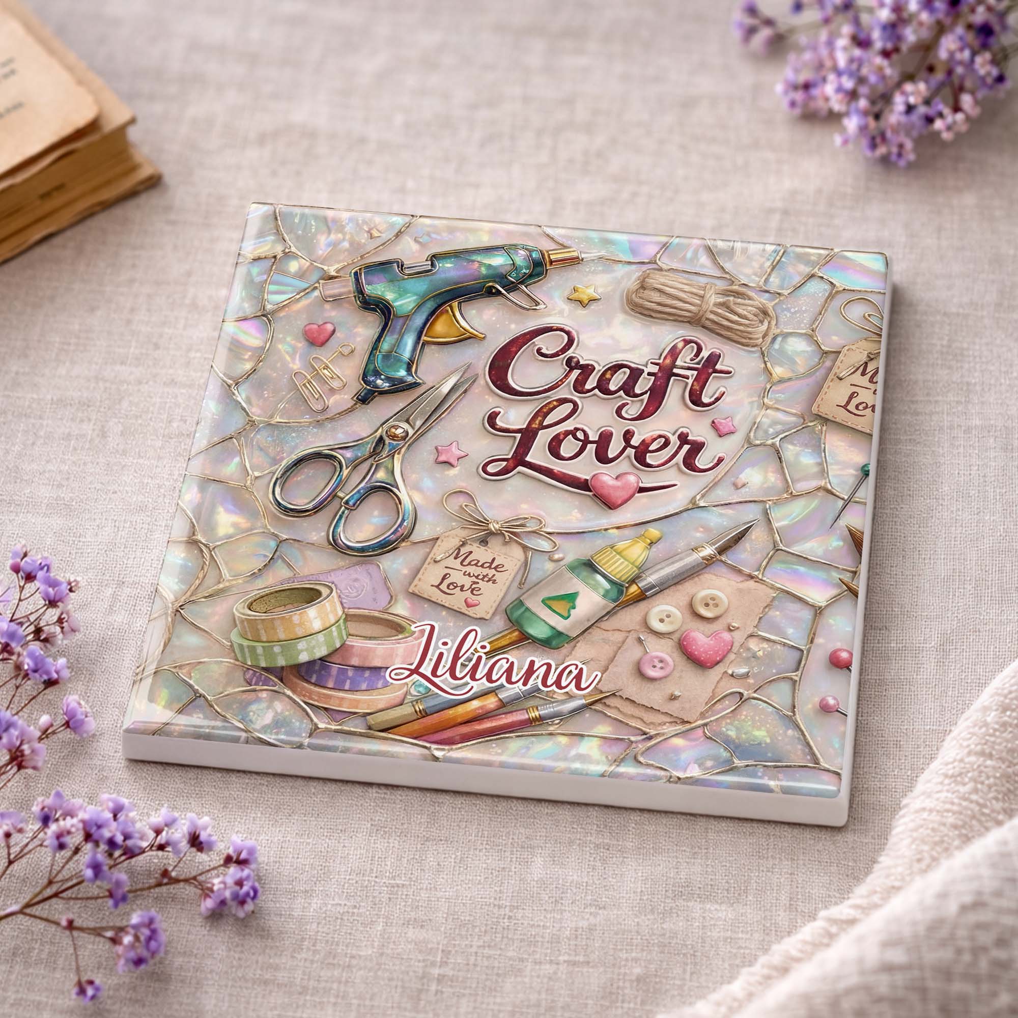Craft Lover Made With Love Featuring Glue Gun And Scissors - Personalized Custom Ceramic Coaster, Square Shape - HAND038_SOCO - Image 11