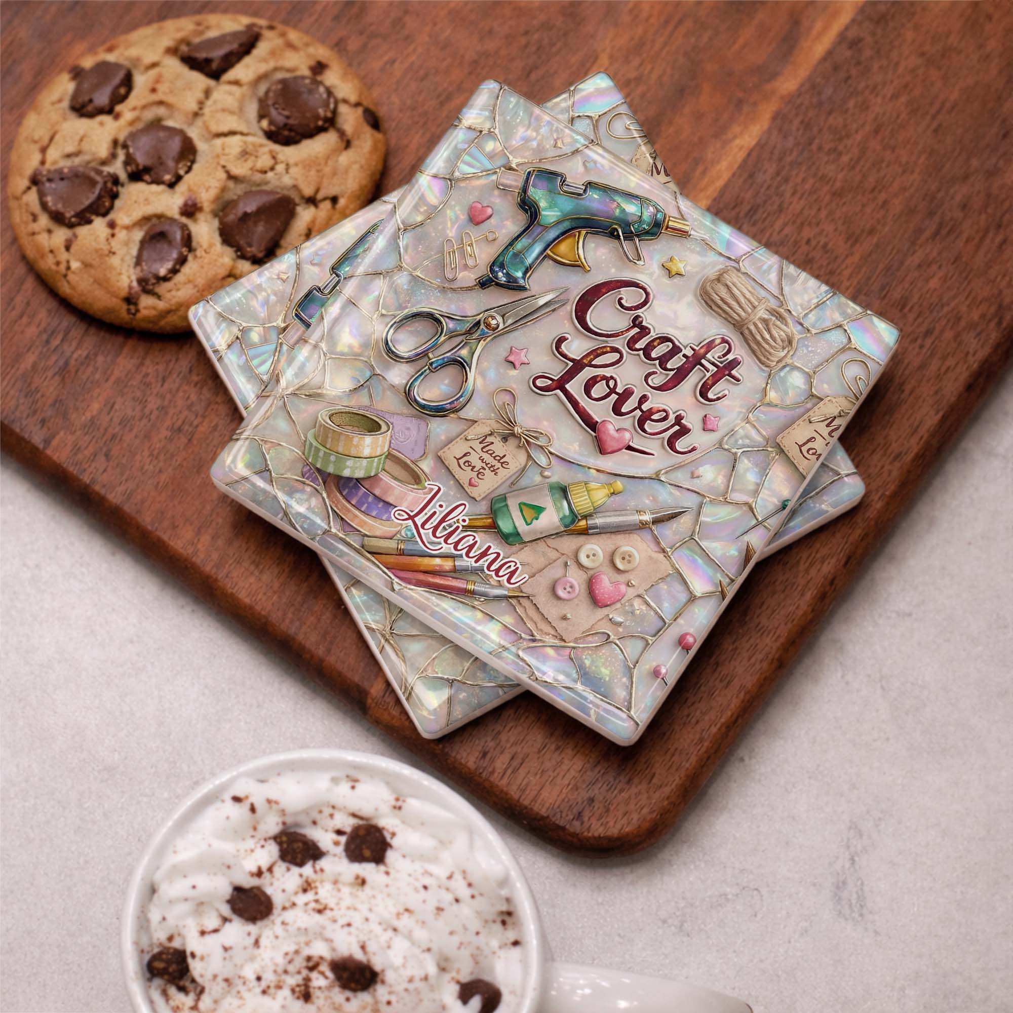 Craft Lover Made With Love Featuring Glue Gun And Scissors - Personalized Custom Ceramic Coaster, Square Shape - HAND038_SOCO - Image 13