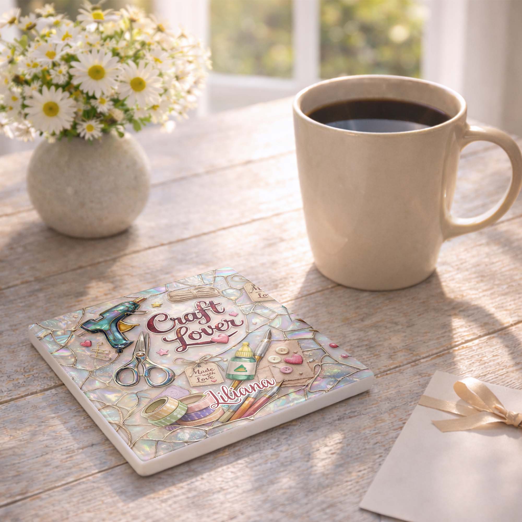 Craft Lover Made With Love Featuring Glue Gun And Scissors - Personalized Custom Ceramic Coaster, Square Shape - HAND038_SOCO - Image 6
