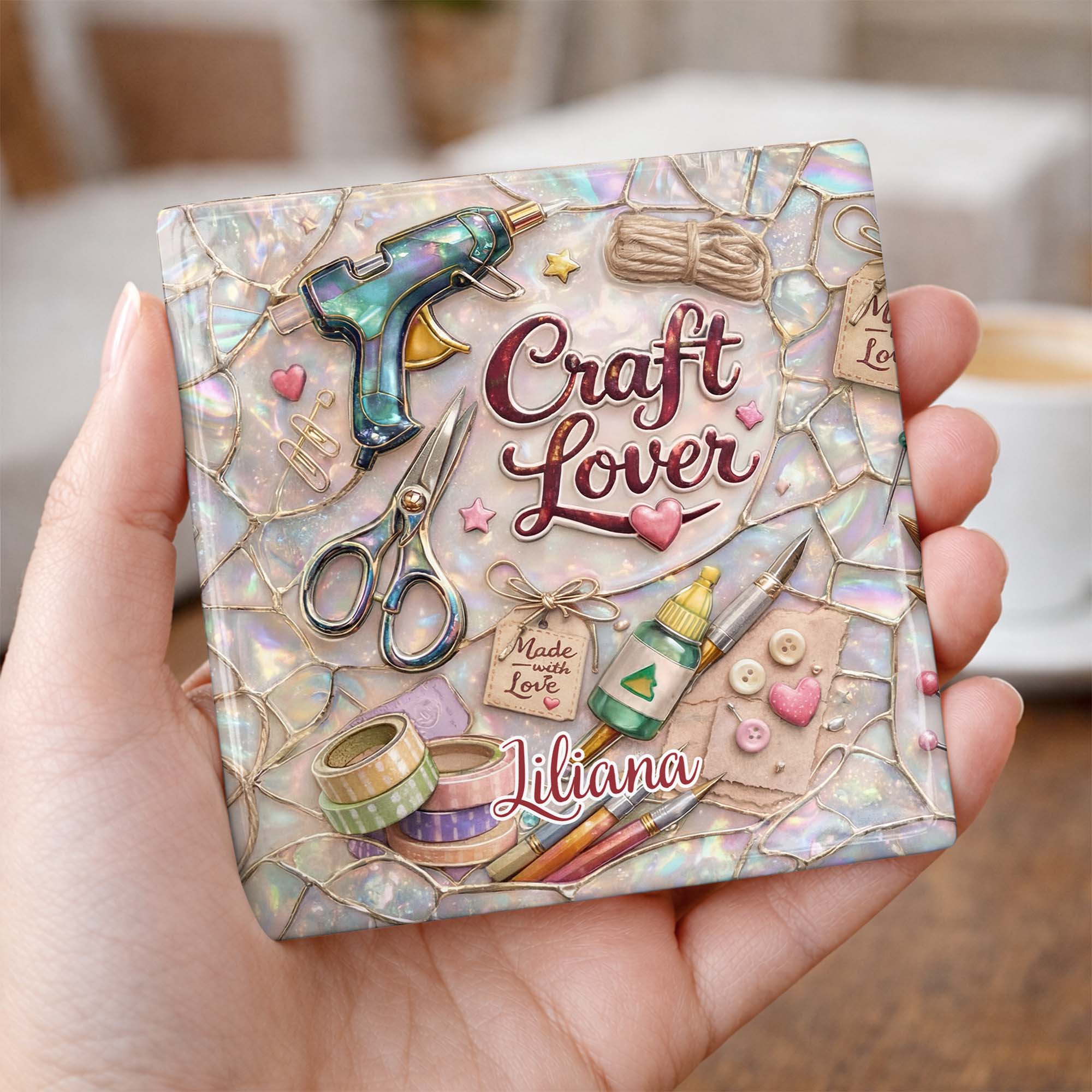 Craft Lover Made With Love Featuring Glue Gun And Scissors - Personalized Custom Ceramic Coaster, Square Shape - HAND038_SOCO - Image 7