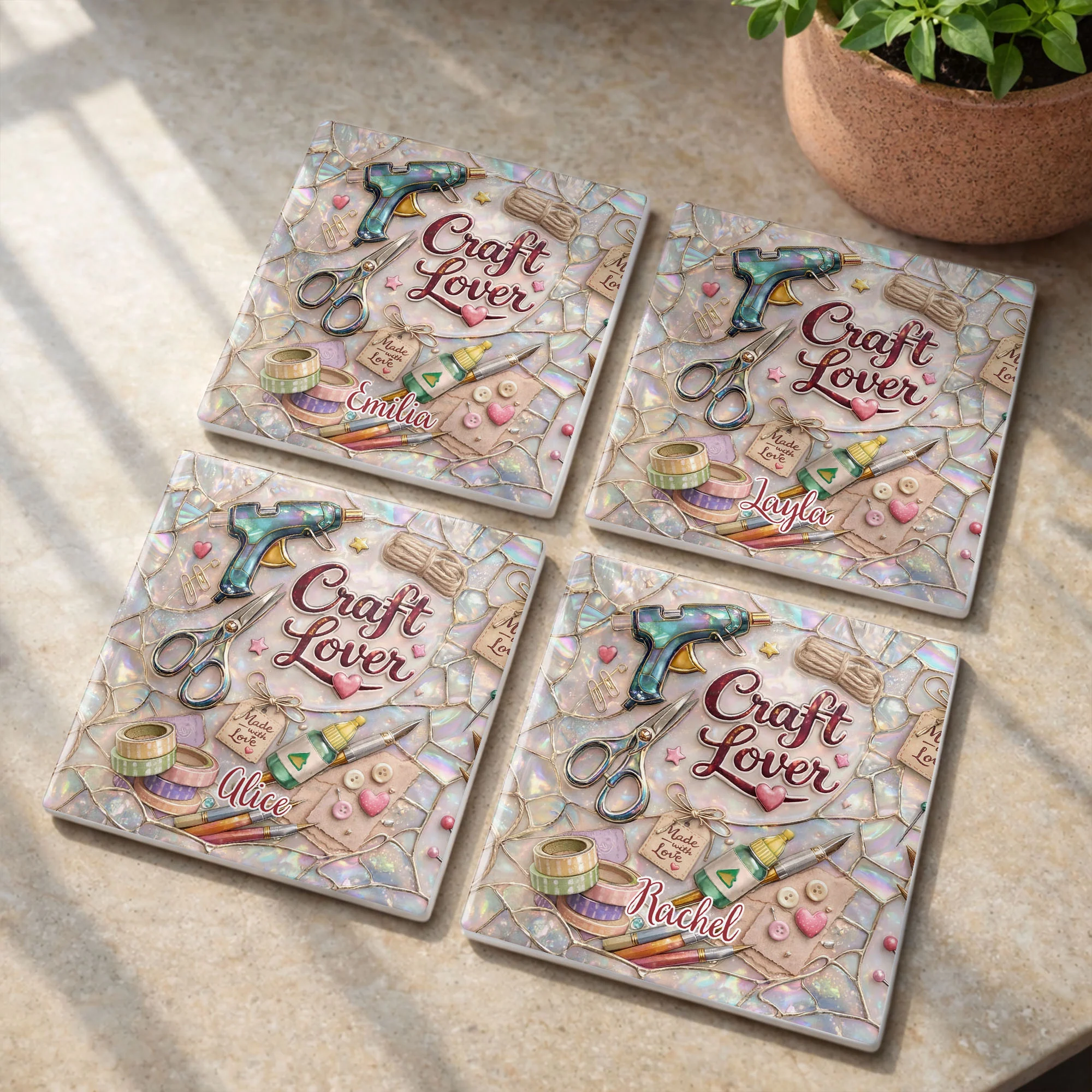 Craft Lover Made With Love Featuring Glue Gun And Scissors - Personalized Custom Ceramic Coaster, Square Shape - HAND038_SOCO - Image 8
