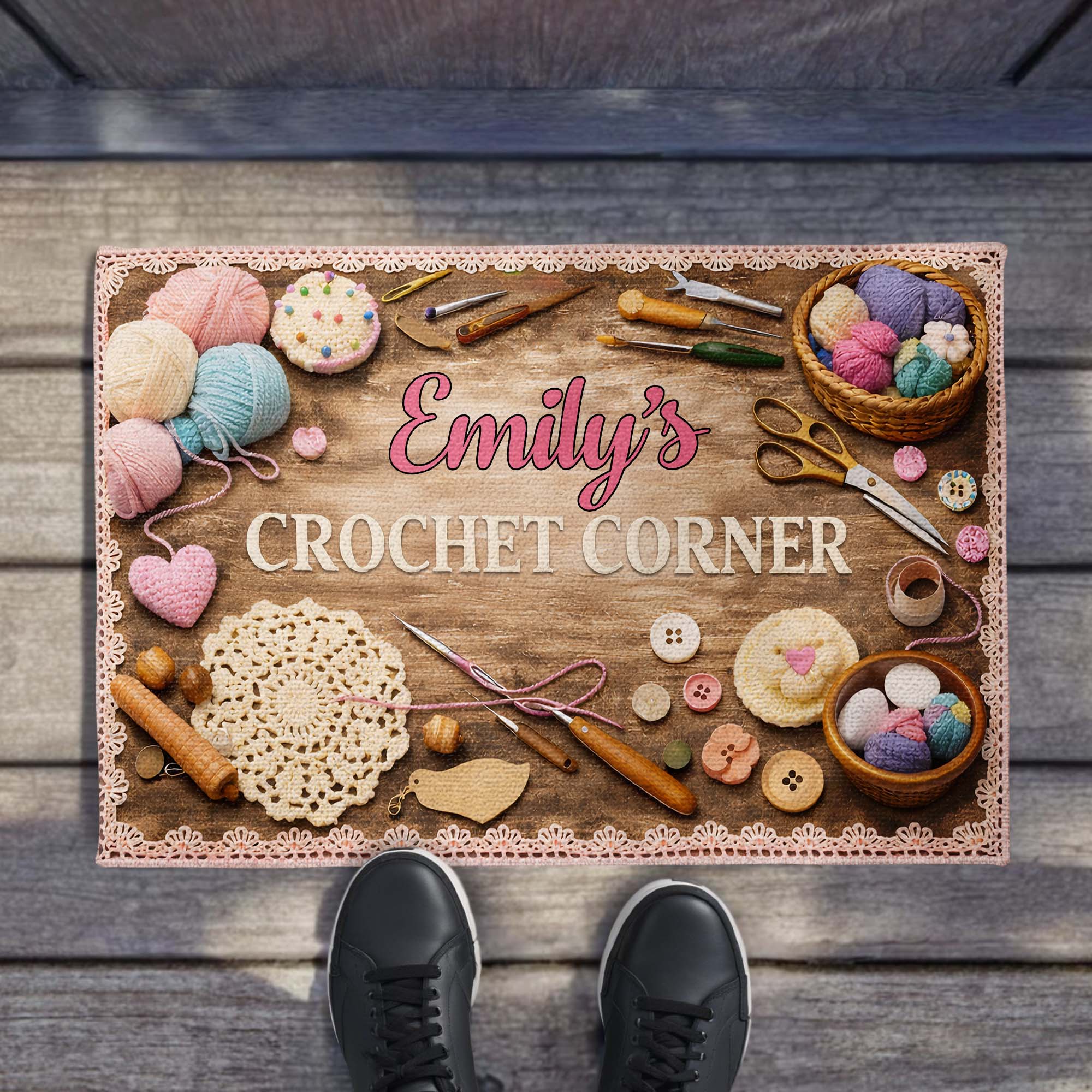 Crochet Corner Yarn Balls And Crafting Tools - Personalized Custom Doormat - HAND041_DRM