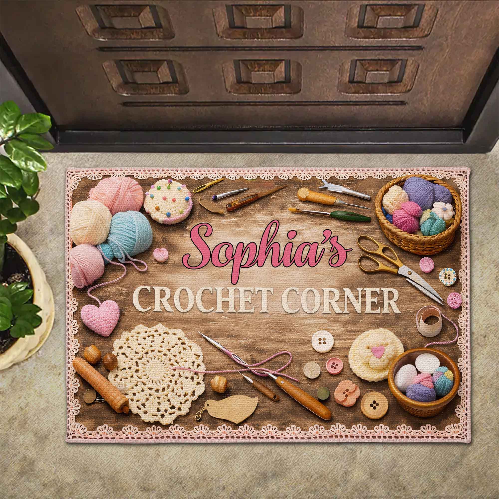 Crochet Corner Yarn Balls And Crafting Tools - Personalized Custom Doormat - HAND041_DRM - Image 2