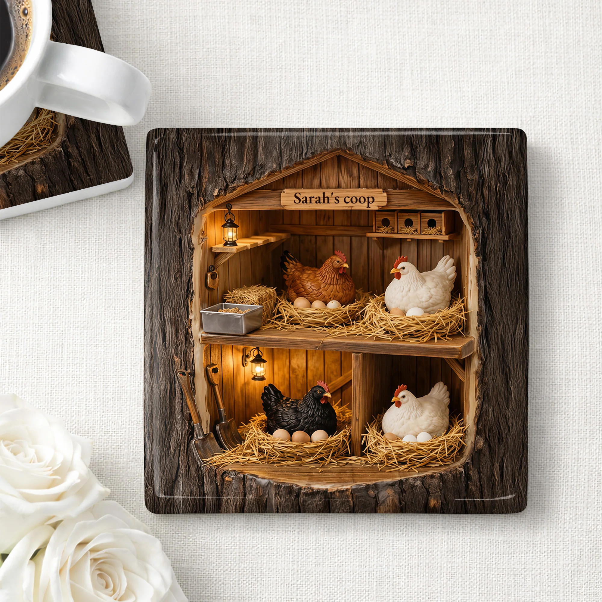 Custom Coop With Chickens And Eggs In Wood Bark Design - Personalized Custom Ceramic Coaster, Square Shape - FARM026_SOCO