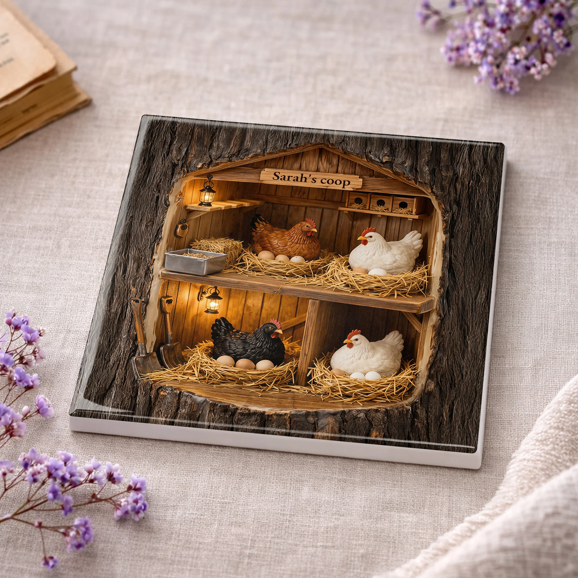 Custom Coop With Chickens And Eggs In Wood Bark Design - Personalized Custom Ceramic Coaster, Square Shape - FARM026_SOCO - Image 10