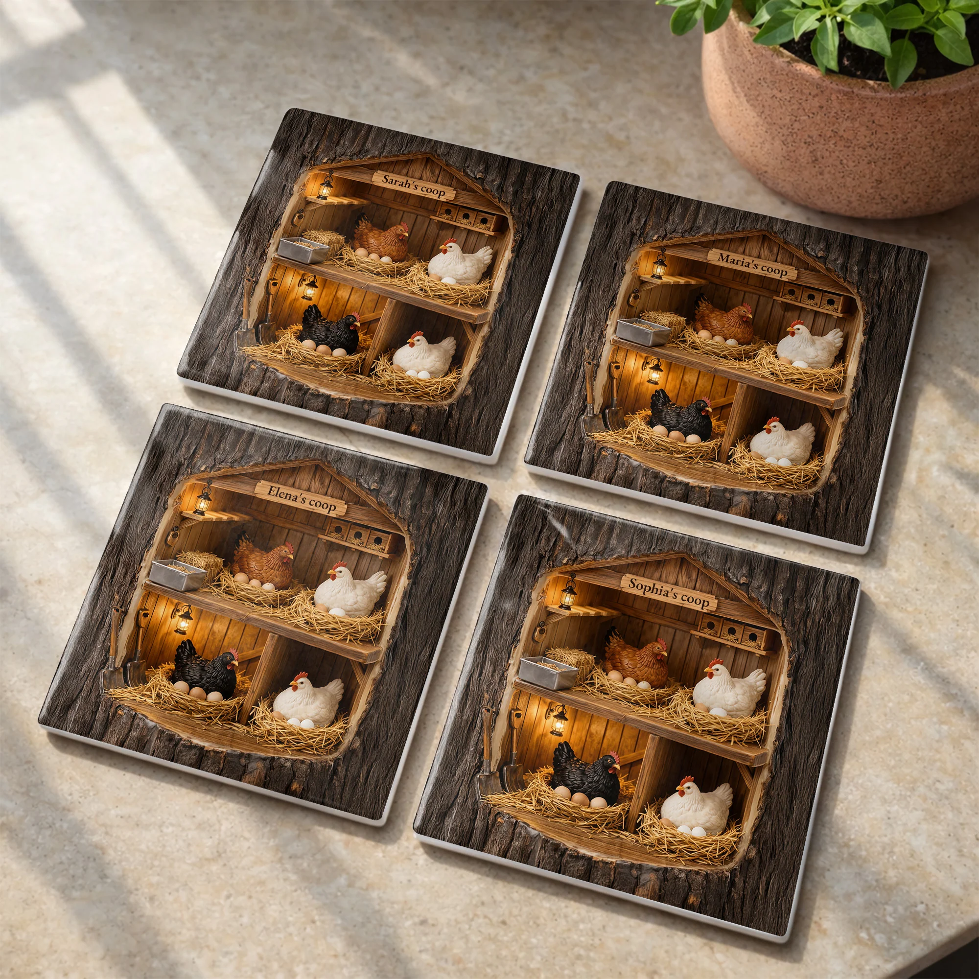 Custom Coop With Chickens And Eggs In Wood Bark Design - Personalized Custom Ceramic Coaster, Square Shape - FARM026_SOCO - Image 12