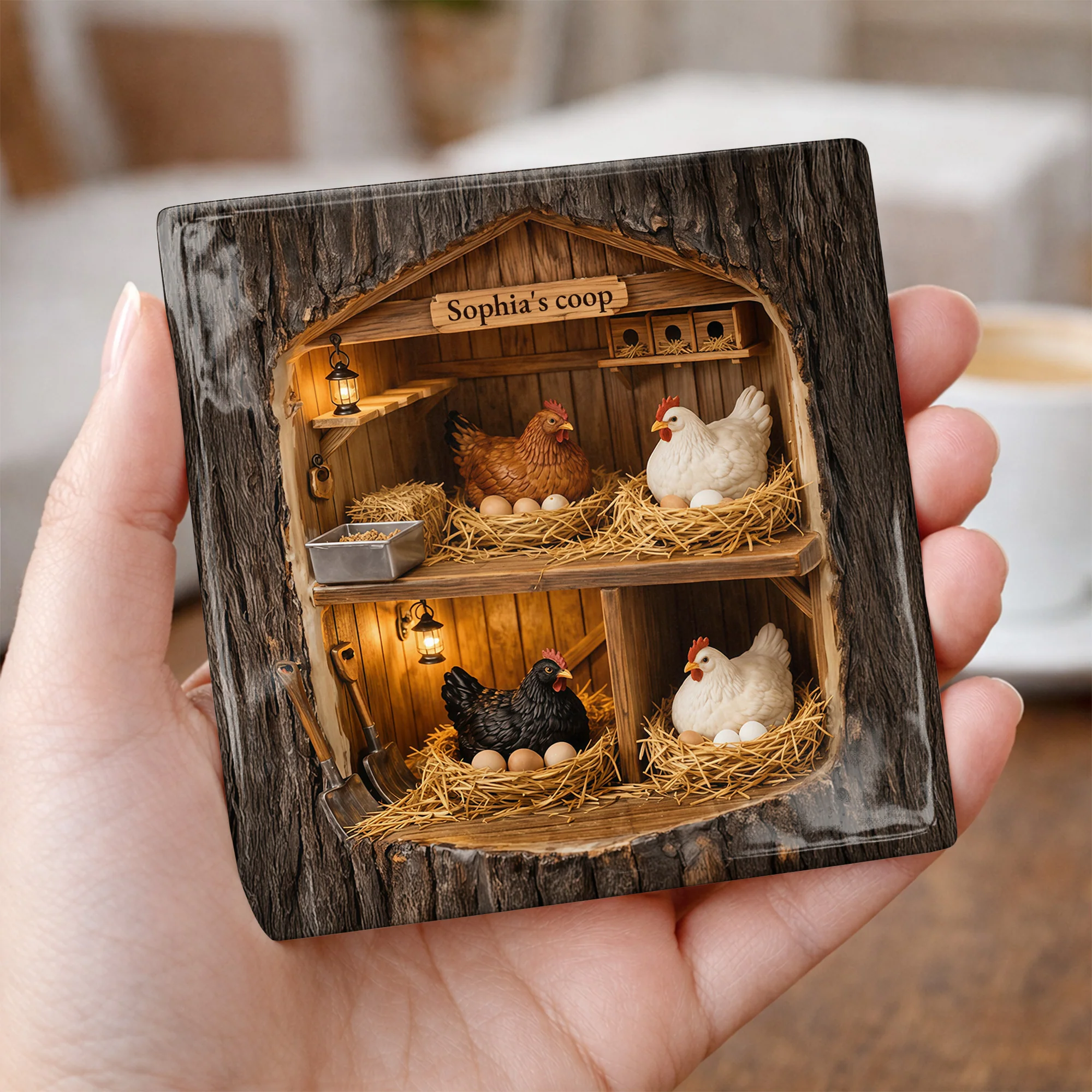 Custom Coop With Chickens And Eggs In Wood Bark Design - Personalized Custom Ceramic Coaster, Square Shape - FARM026_SOCO - Image 2