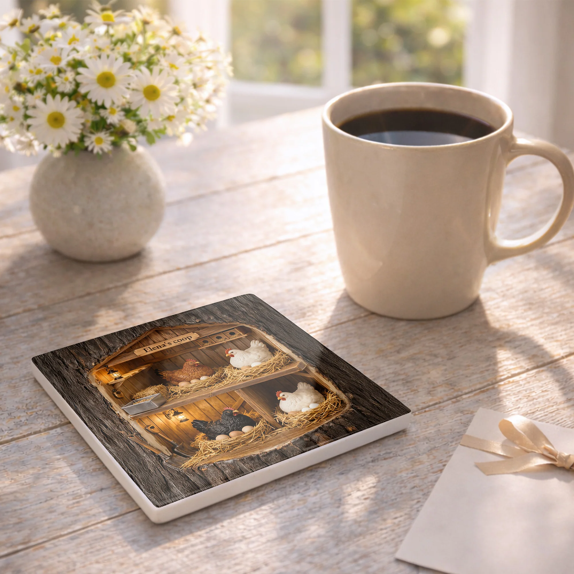 Custom Coop With Chickens And Eggs In Wood Bark Design - Personalized Custom Ceramic Coaster, Square Shape - FARM026_SOCO - Image 8