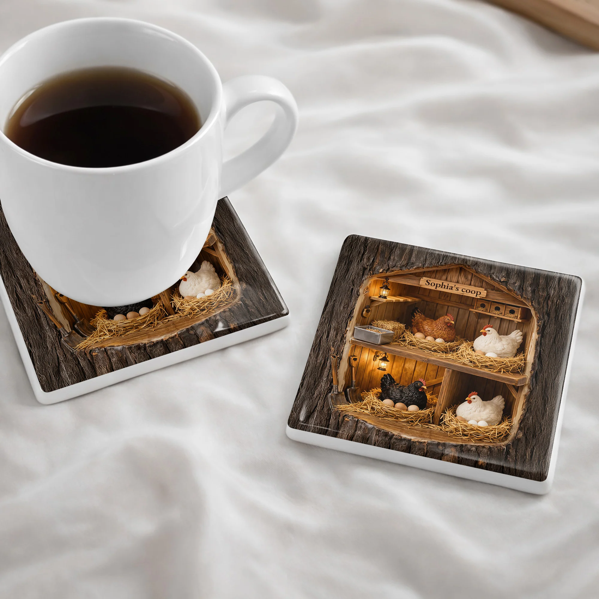 Custom Coop With Chickens And Eggs In Wood Bark Design - Personalized Custom Ceramic Coaster, Square Shape - FARM026_SOCO - Image 9