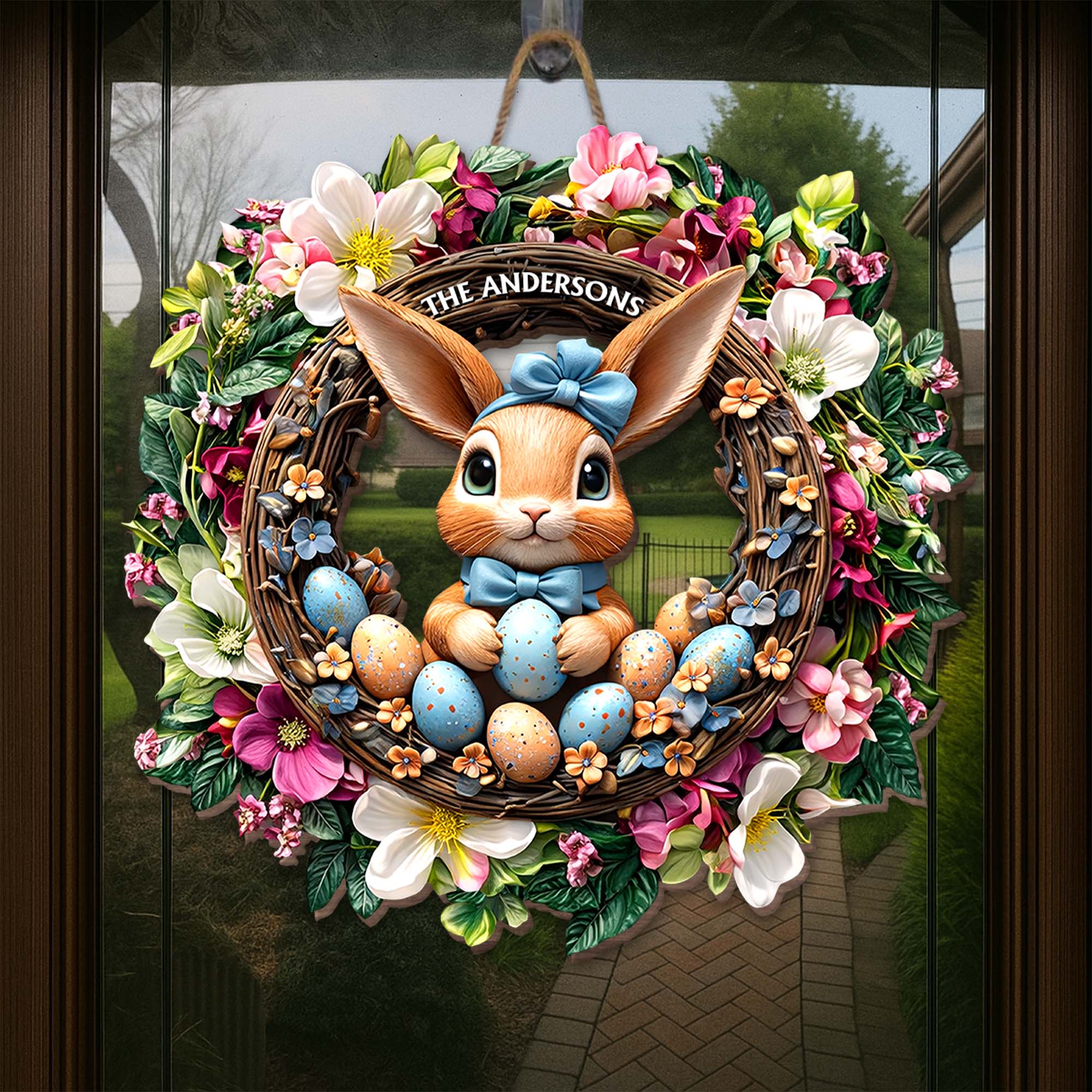 Cute Bunny Celebrating Easter Among Spring Flowers And Colorful Eggs Wreath - Personalized Custom Shaped Wood Sign - FAM816_WSIGN - Image 5