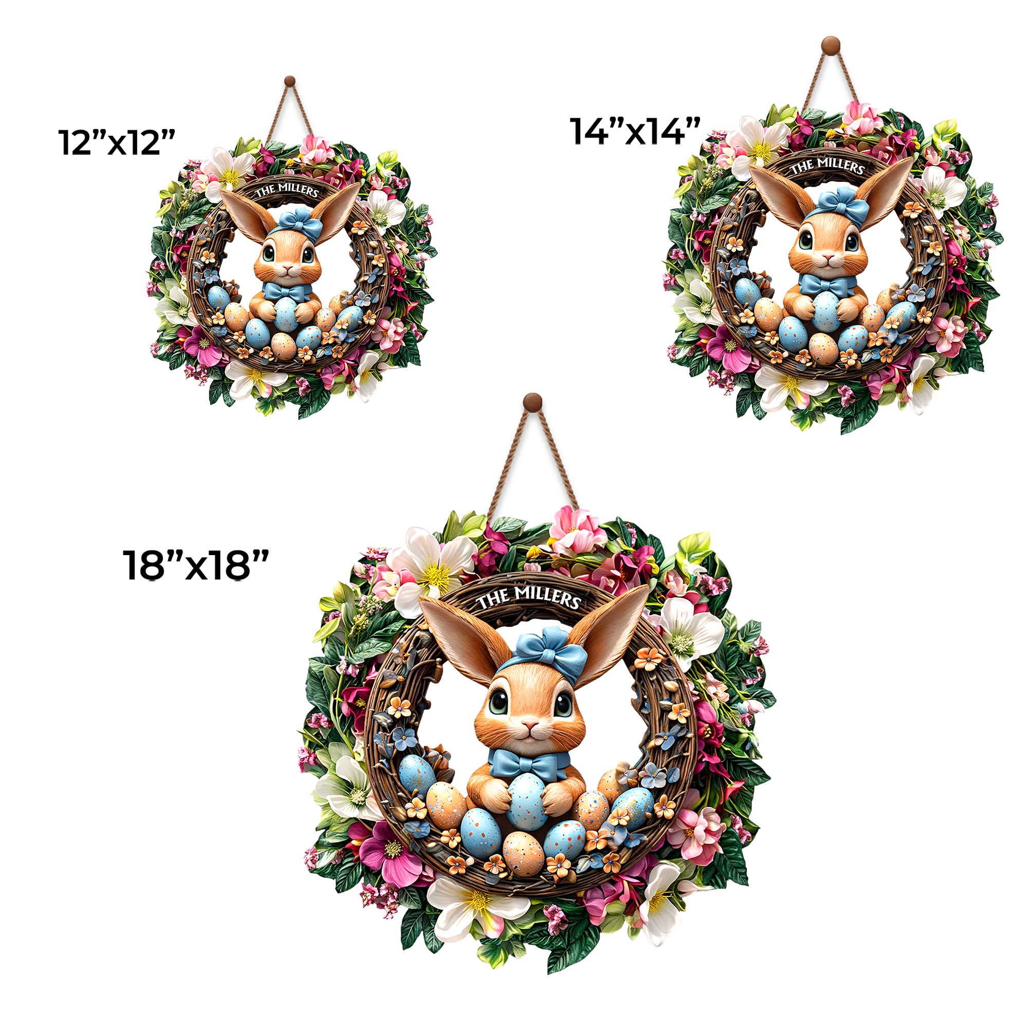 Cute Bunny Celebrating Easter Among Spring Flowers And Colorful Eggs Wreath - Personalized Custom Shaped Wood Sign - FAM816_WSIGN - Image 6
