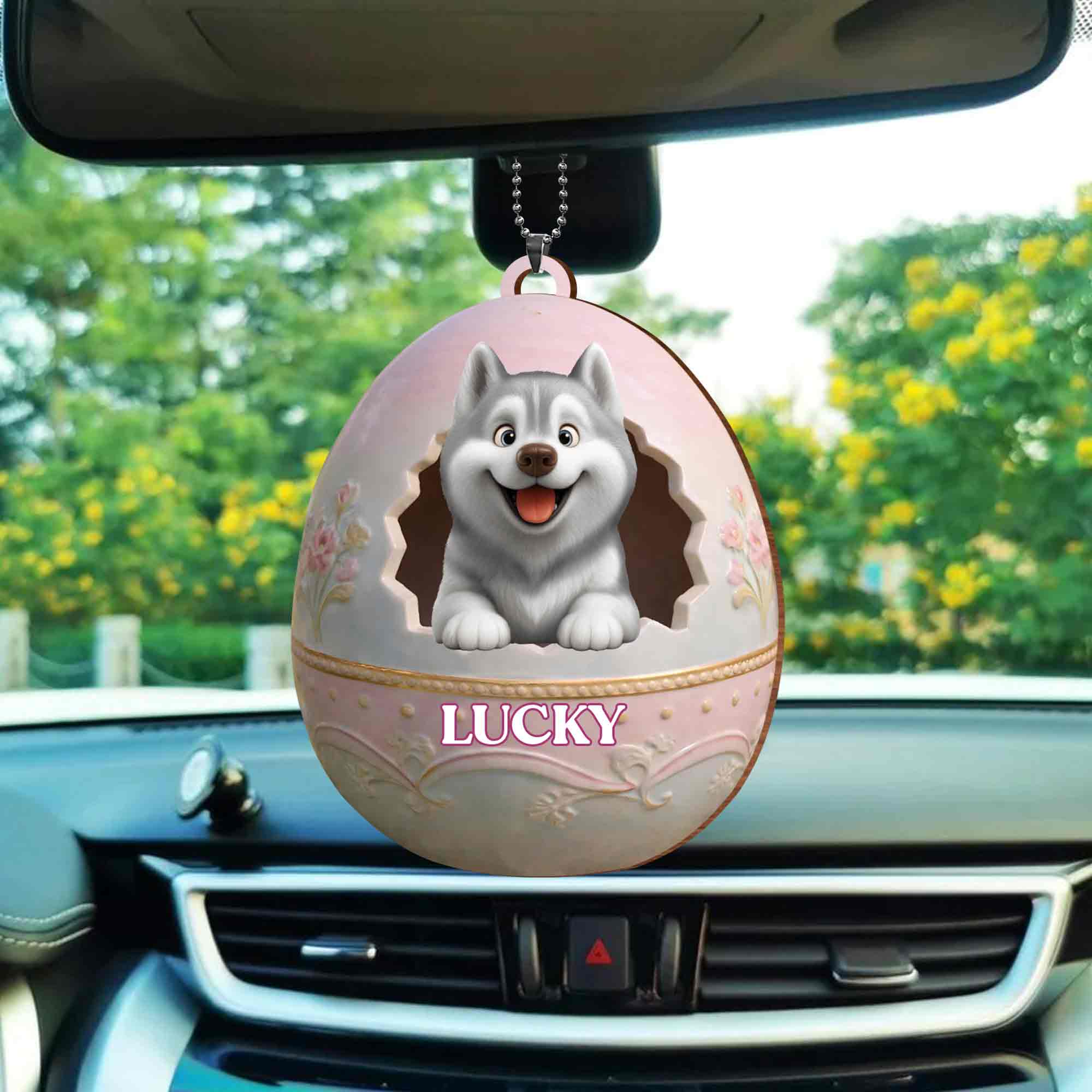 Cute Husky Puppy Peeking From Floral Easter Egg With Custom Name - Personalized Custom Wood Ornament, Car Hanging Ornament - DOG138_WCA - Image 5