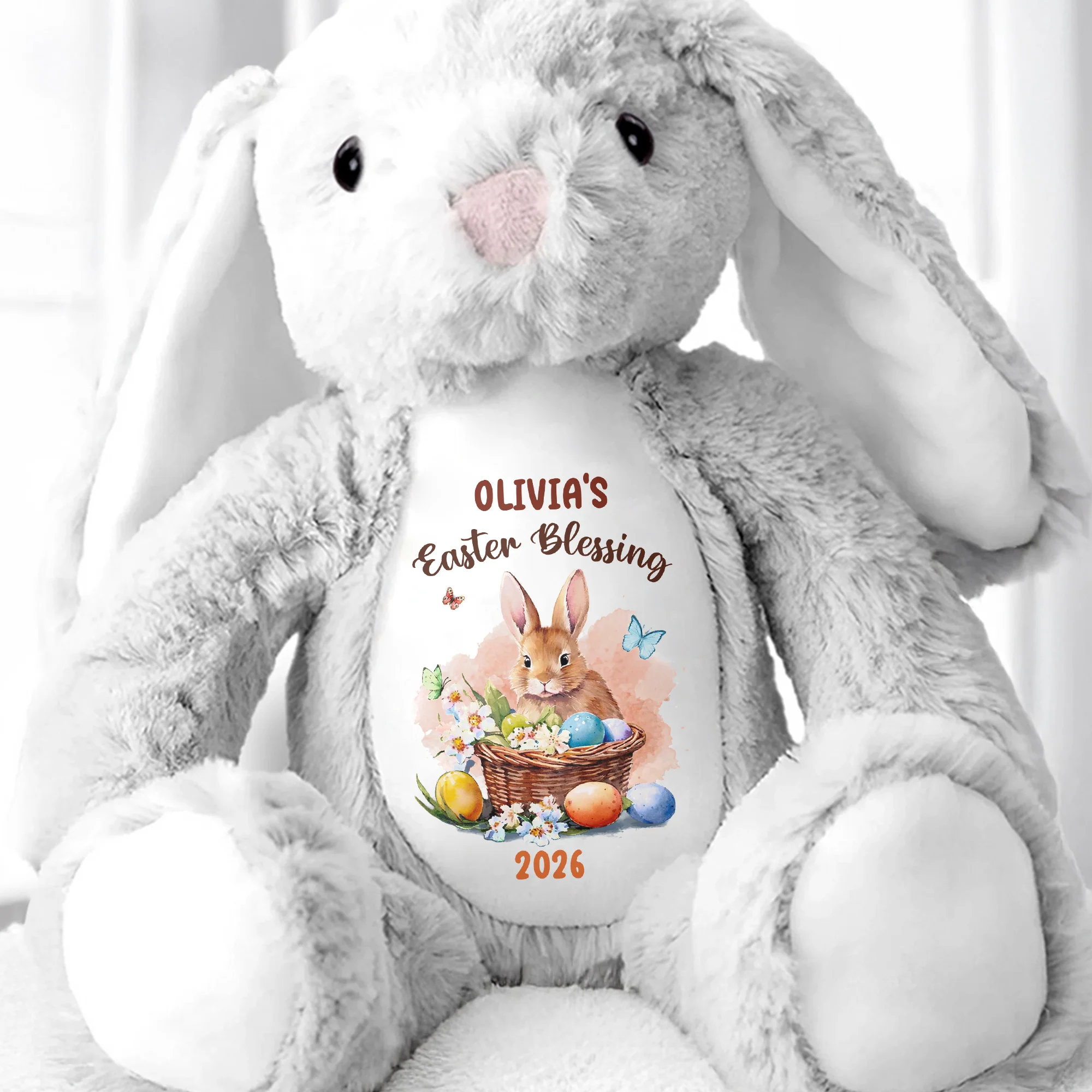 Easter Blessing With Basket Of Eggs And Butterflies Flower - Personalized Stuffed Bunny - GRK121_BUN - Image 6