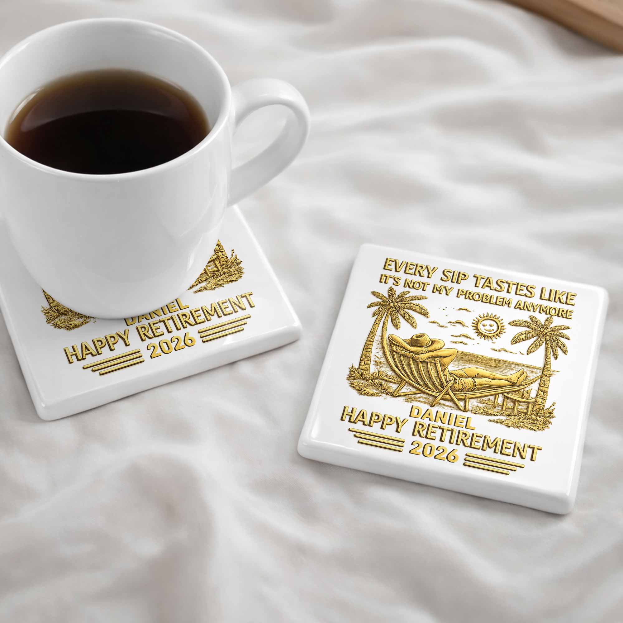 Every Sip Tastes Like Happy Retirement With Hammock And Palm Trees - Personalized Custom Ceramic Coaster, Square Shape - RETIRE026_SOCO - Image 10