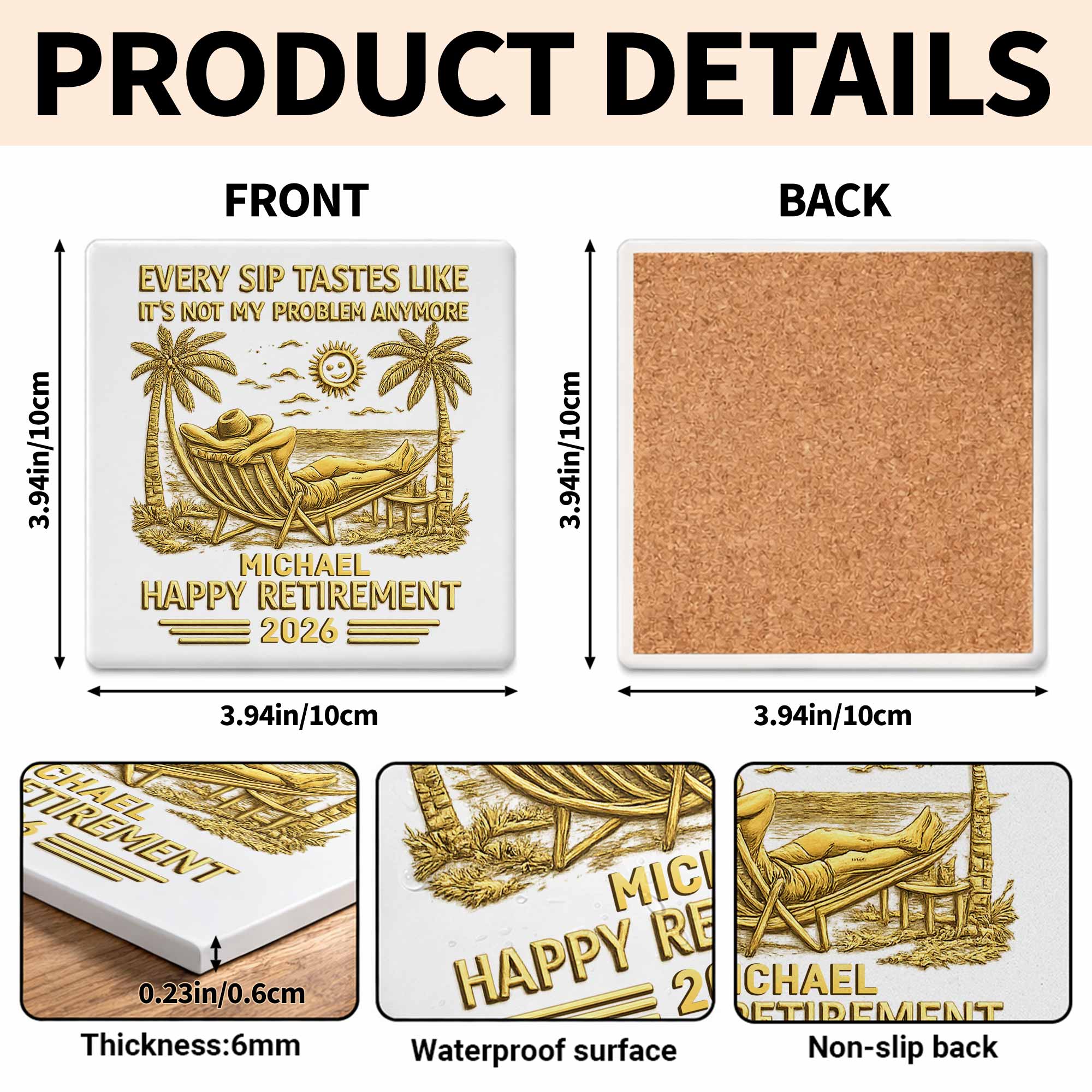 Every Sip Tastes Like Happy Retirement With Hammock And Palm Trees - Personalized Custom Ceramic Coaster, Square Shape - RETIRE026_SOCO - Image 5