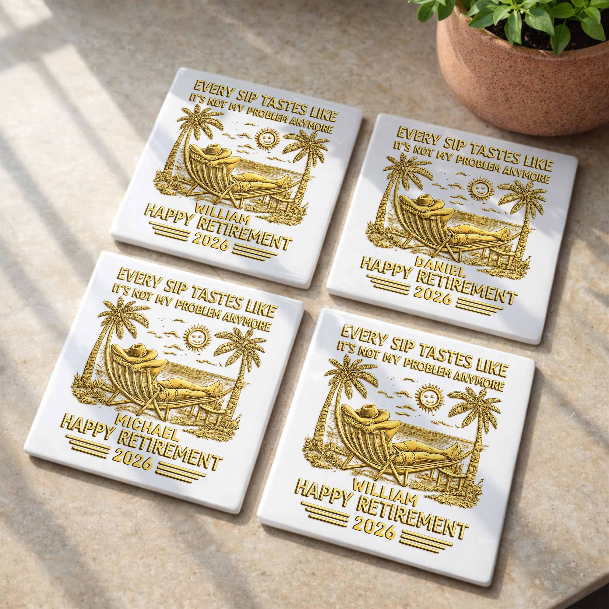 Every Sip Tastes Like Happy Retirement With Hammock And Palm Trees - Personalized Custom Ceramic Coaster, Square Shape - RETIRE026_SOCO - Image 9