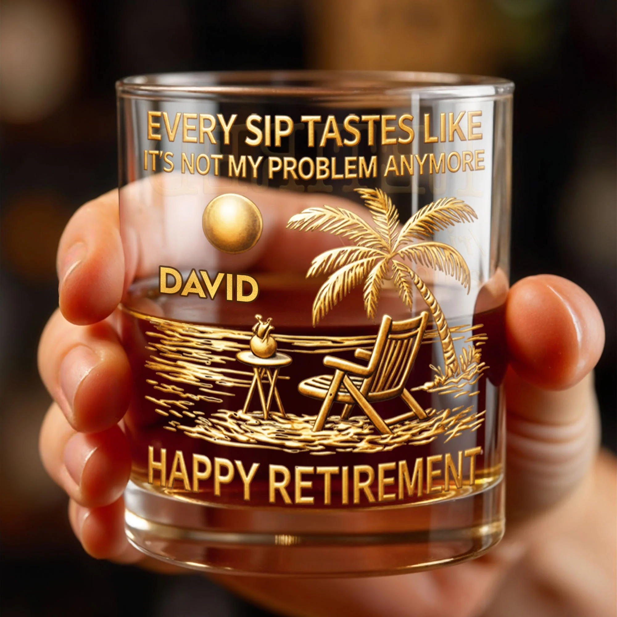 Every Sip Tastes Like It's Not My Problem Anymore Palm Tree Beach Chair - Personalized Custom Whiskey Glass - RETIRE049_RWG - Image 3