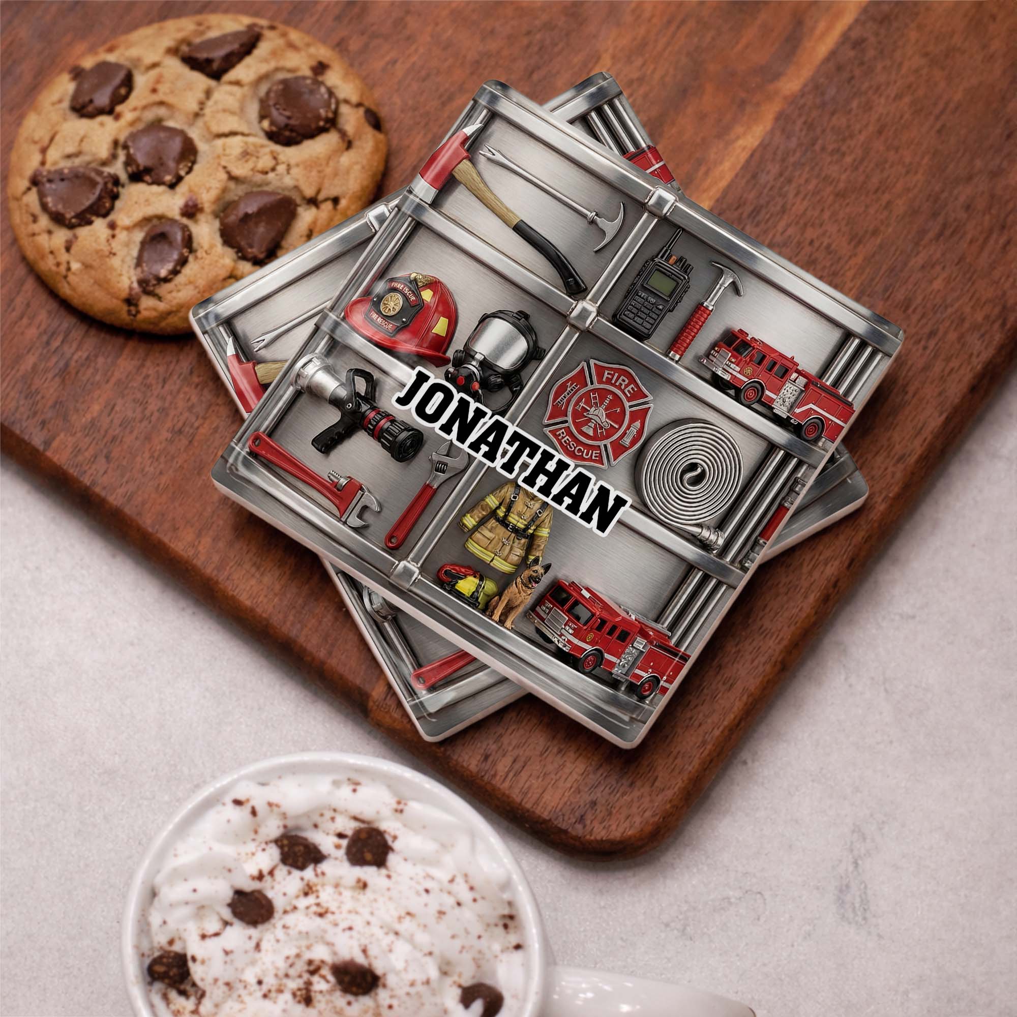 Fire Rescue Brave Hero Gear With Fire Truck And Helmet - Personalized Custom Ceramic Coaster, Square Shape - FIF050_SOCO - Image 11