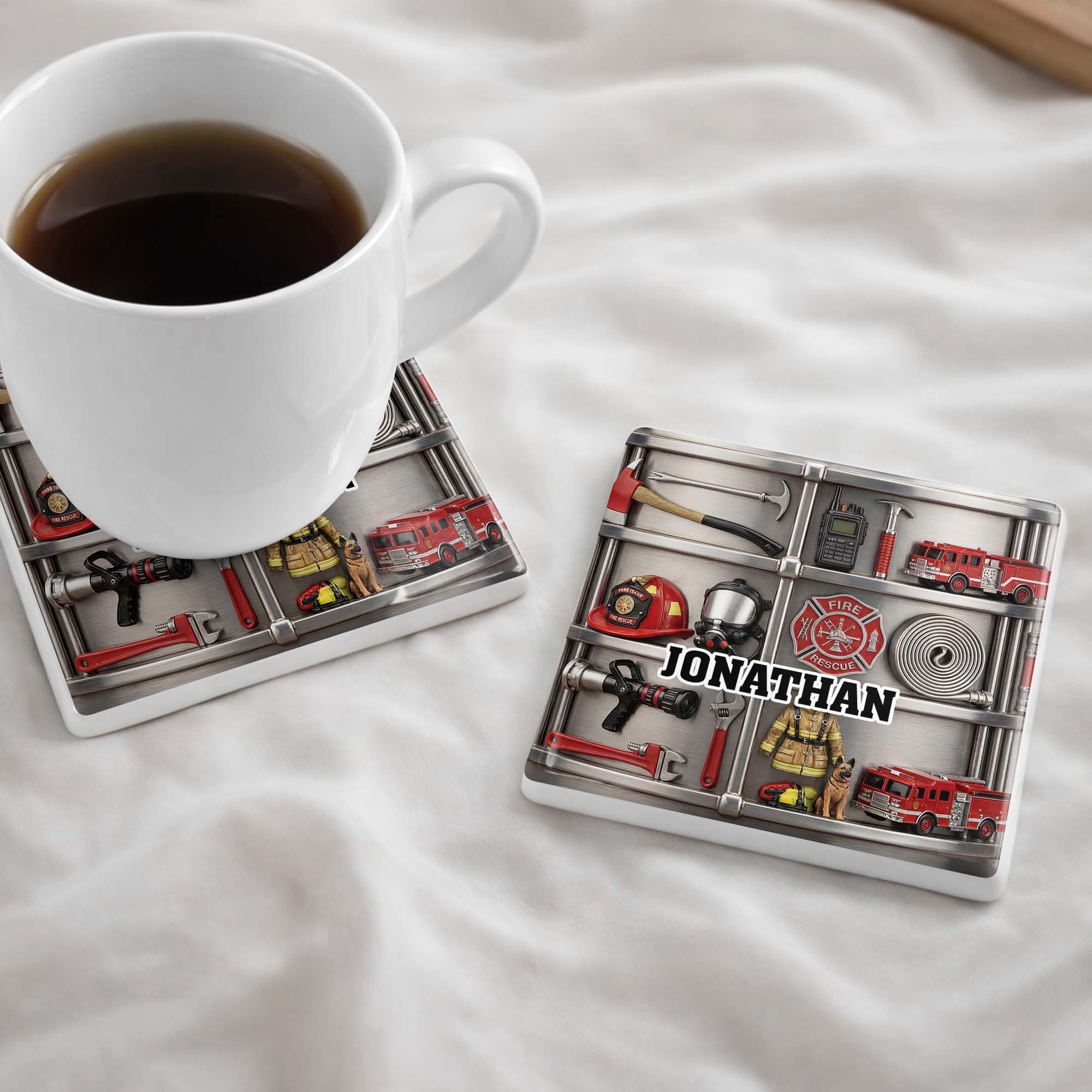 Fire Rescue Brave Hero Gear With Fire Truck And Helmet - Personalized Custom Ceramic Coaster, Square Shape - FIF050_SOCO - Image 8
