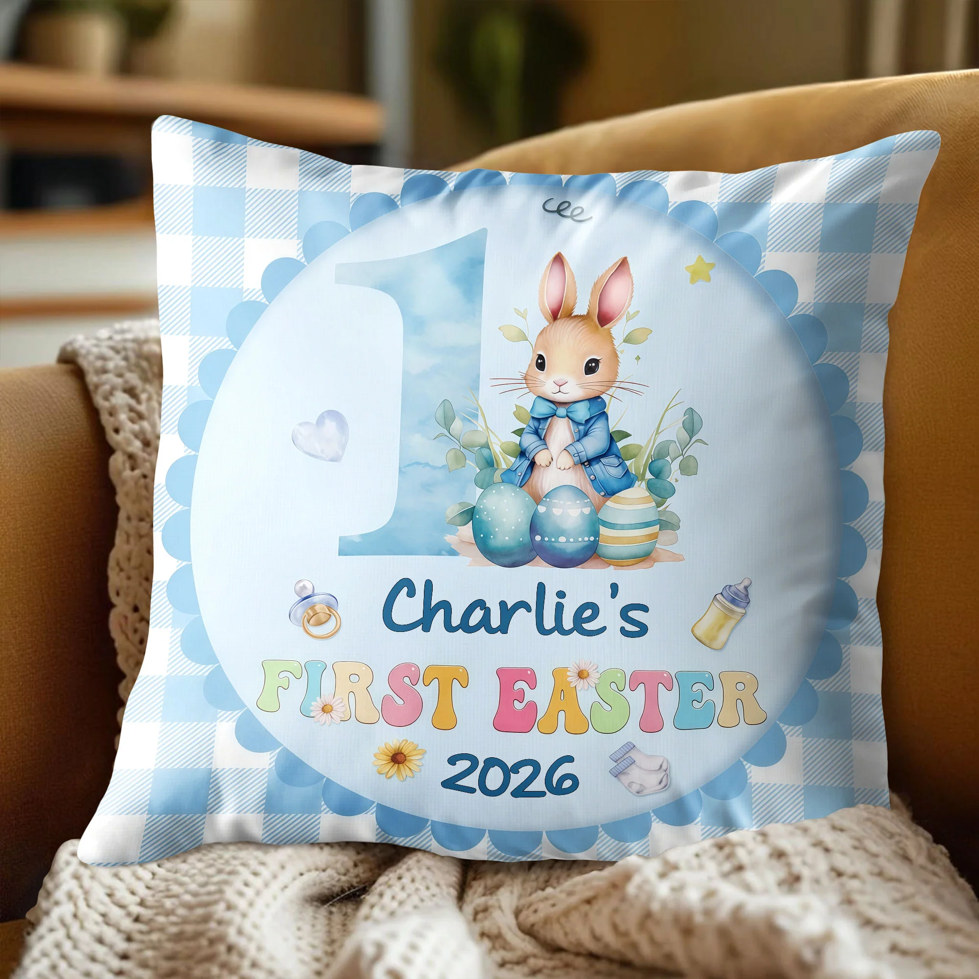 First Easter Bunny With Pink Tulips And Colorful Easter Eggs - Personalized Custom Pillow, Insert Included - KID541_PLW - Image 3