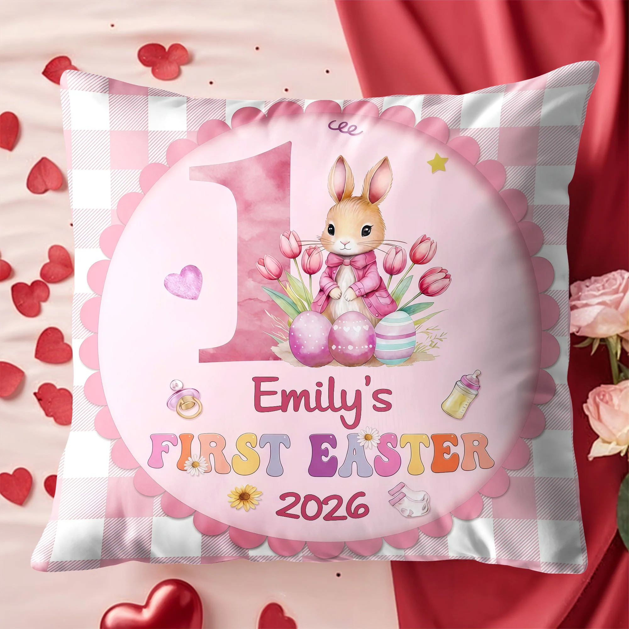 First Easter Bunny With Pink Tulips And Colorful Easter Eggs - Personalized Custom Pillow, Insert Included - KID541_PLW - Image 4