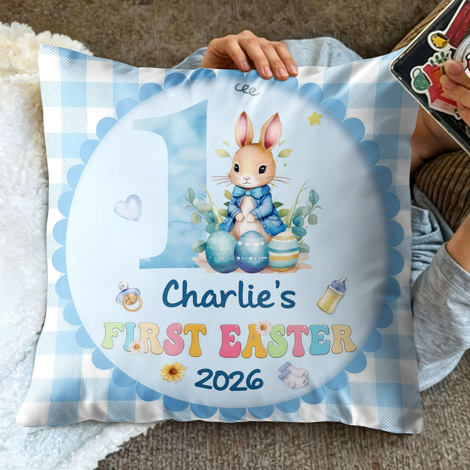 First Easter Bunny With Pink Tulips And Colorful Easter Eggs - Personalized Custom Pillow, Insert Included - KID541_PLW - Image 5