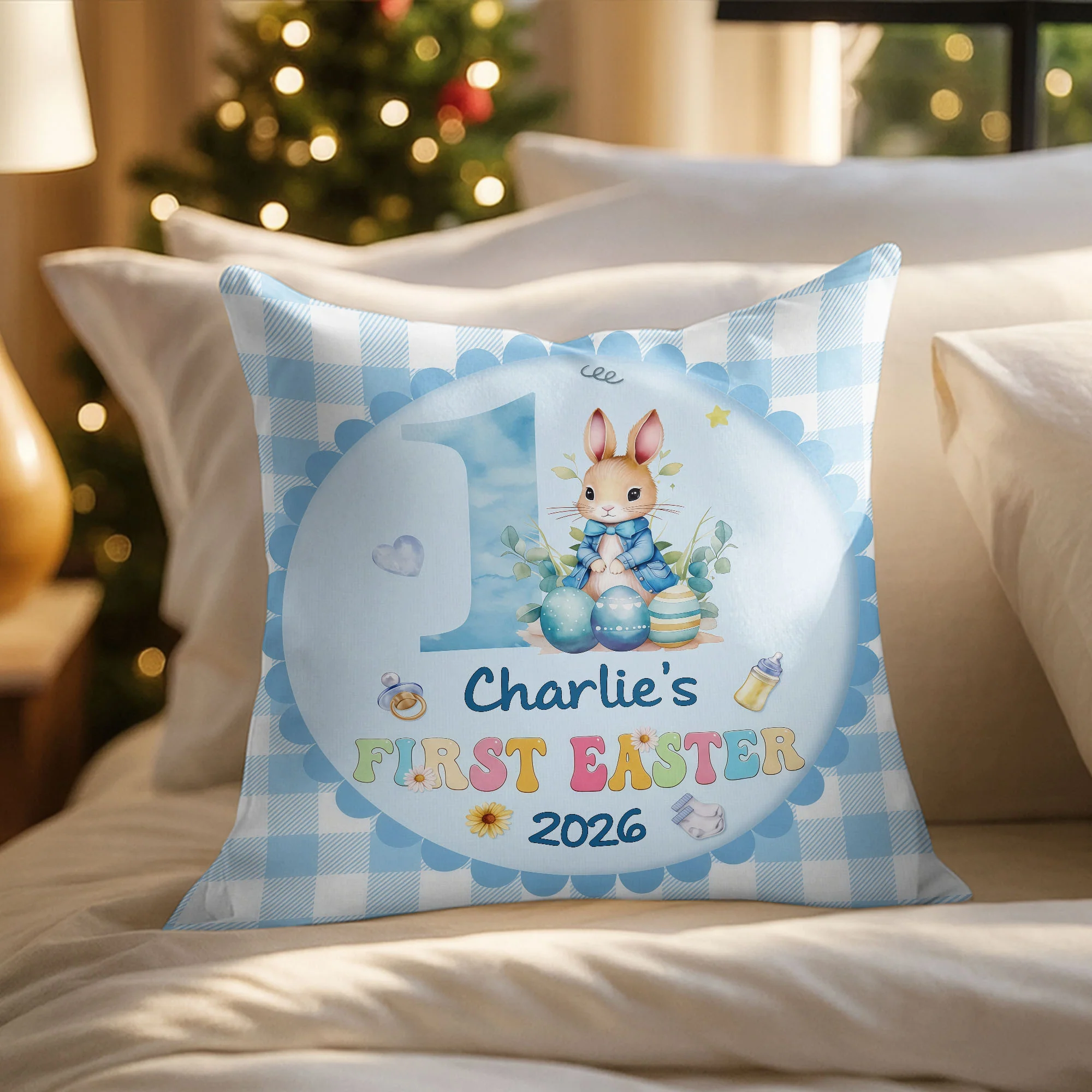 First Easter Bunny With Pink Tulips And Colorful Easter Eggs - Personalized Custom Pillow, Insert Included - KID541_PLW - Image 6