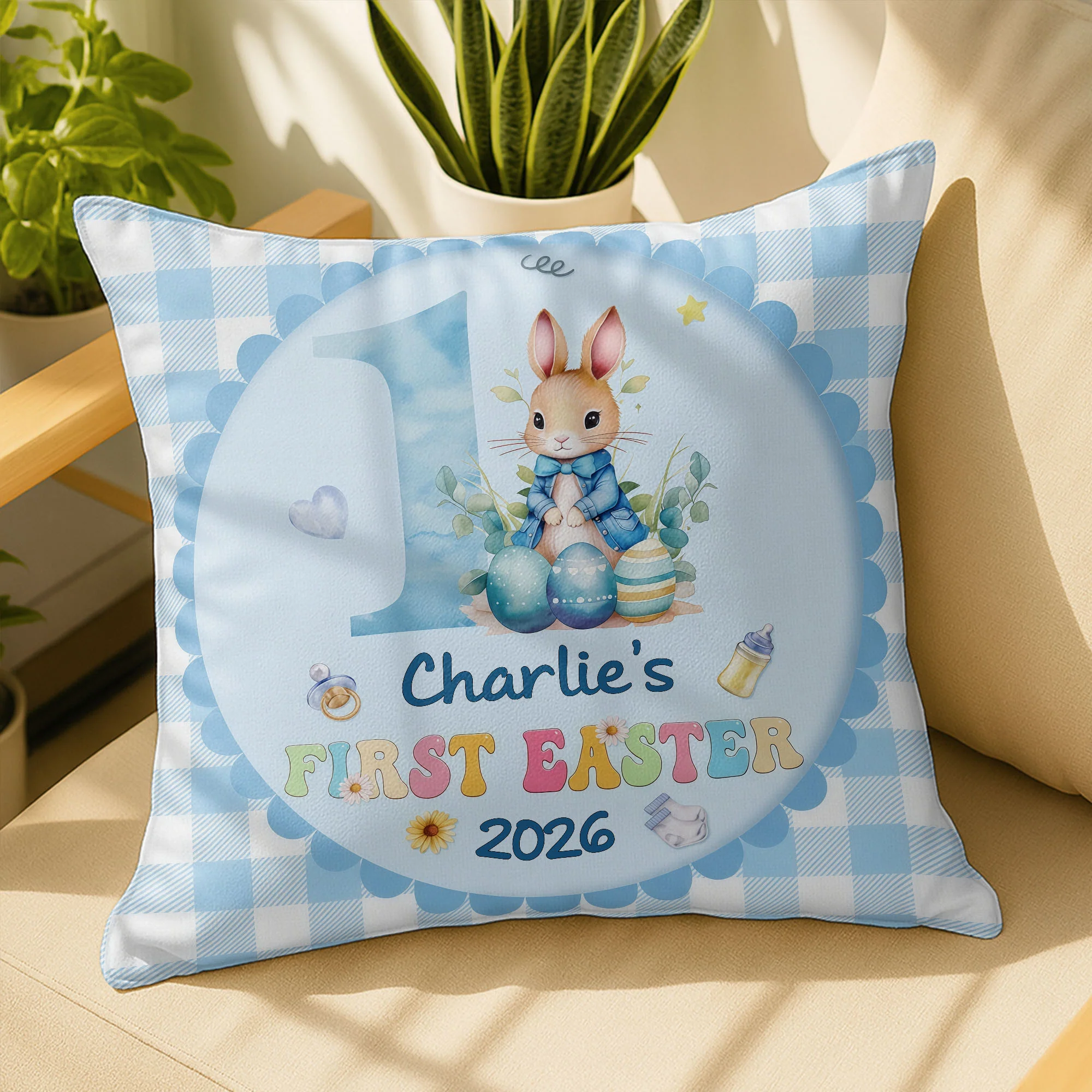 First Easter Bunny With Pink Tulips And Colorful Easter Eggs - Personalized Custom Pillow, Insert Included - KID541_PLW - Image 7