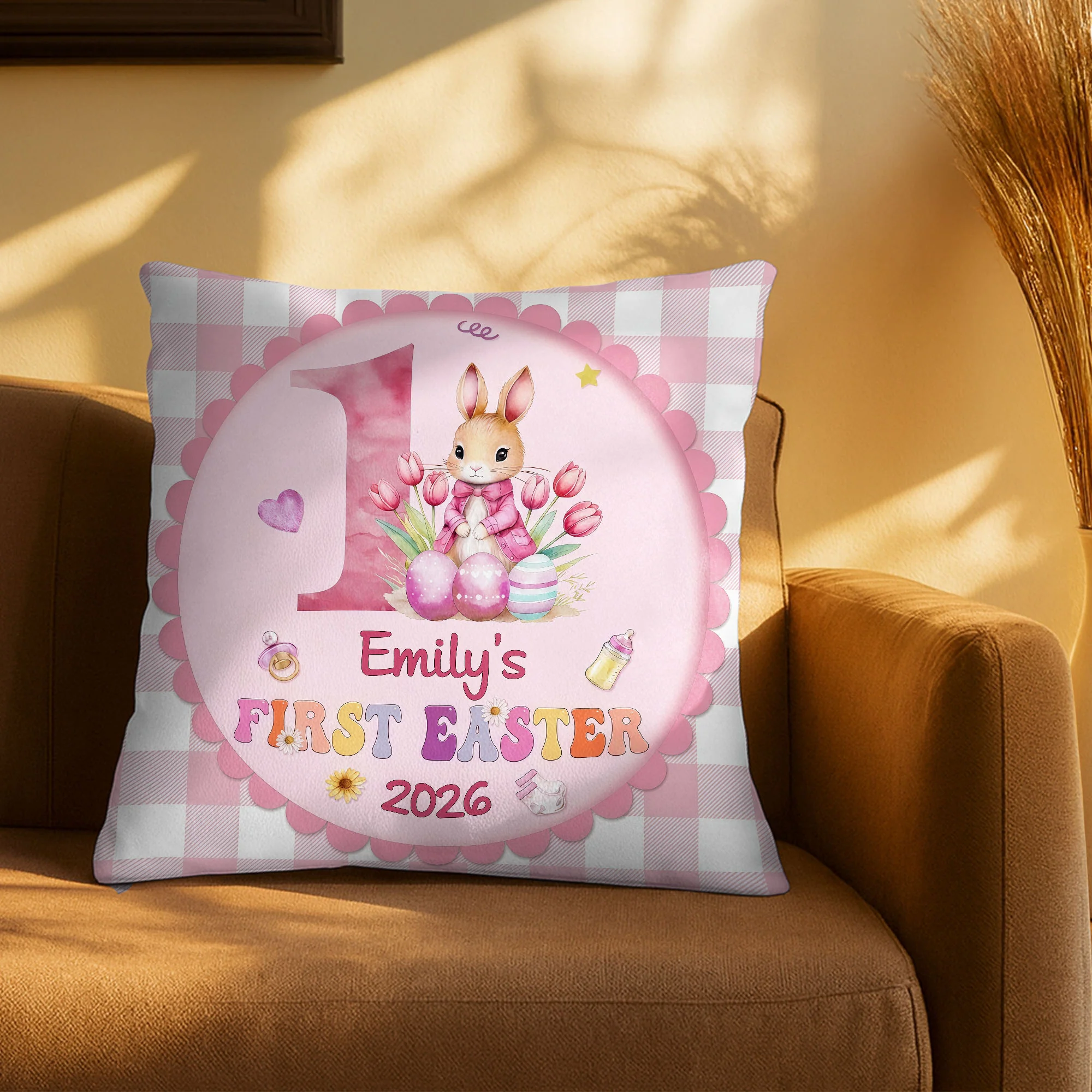 First Easter Bunny With Pink Tulips And Colorful Easter Eggs - Personalized Custom Pillow, Insert Included - KID541_PLW - Image 8